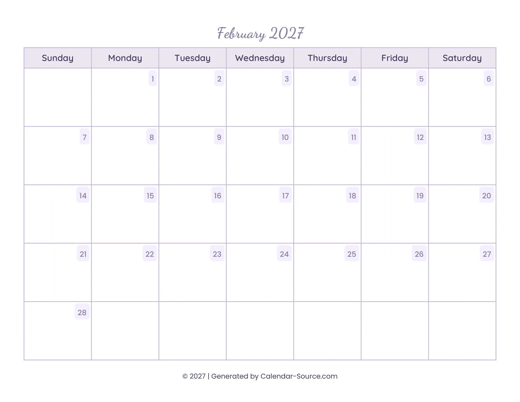 February 2027 Calendar Template 13