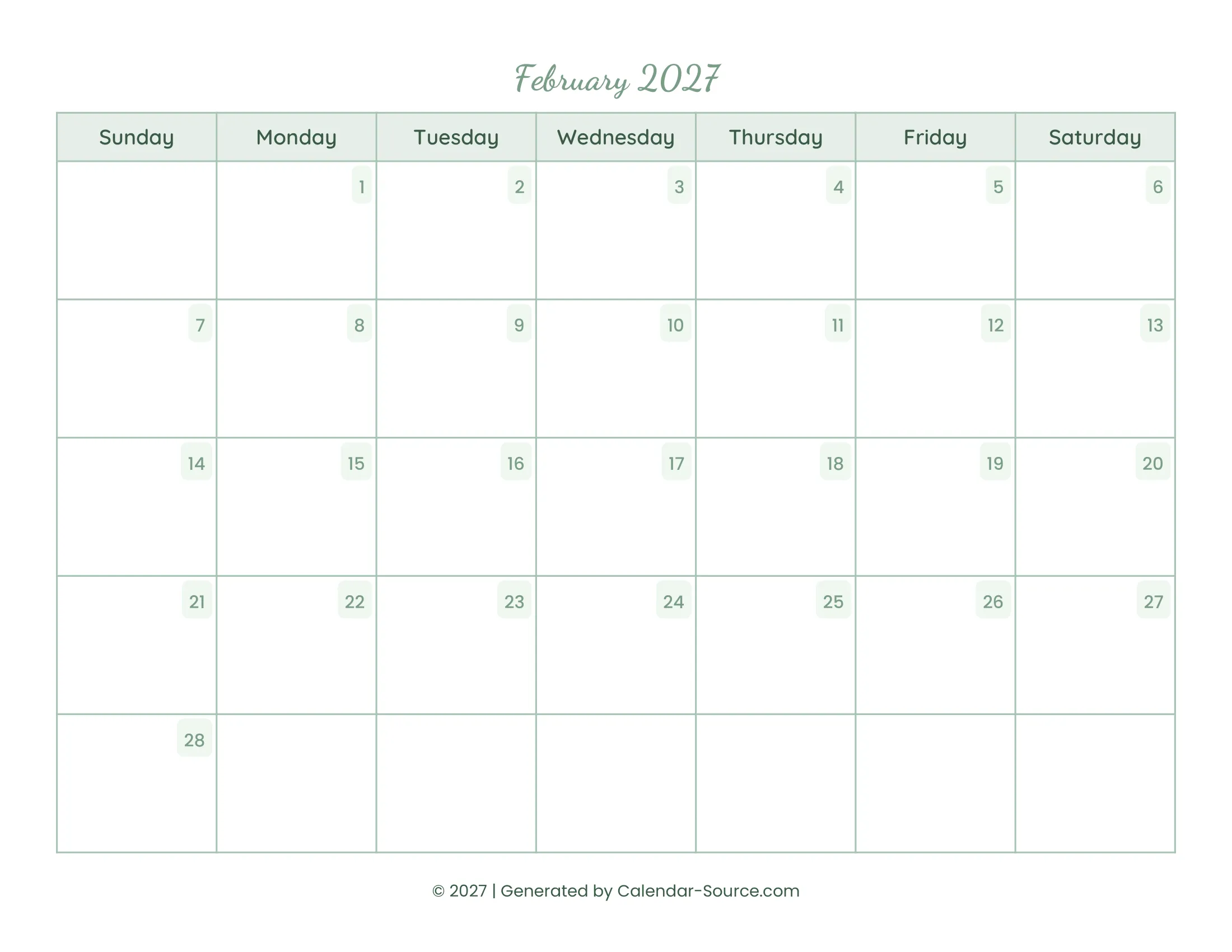 February 2027 Calendar Template 14