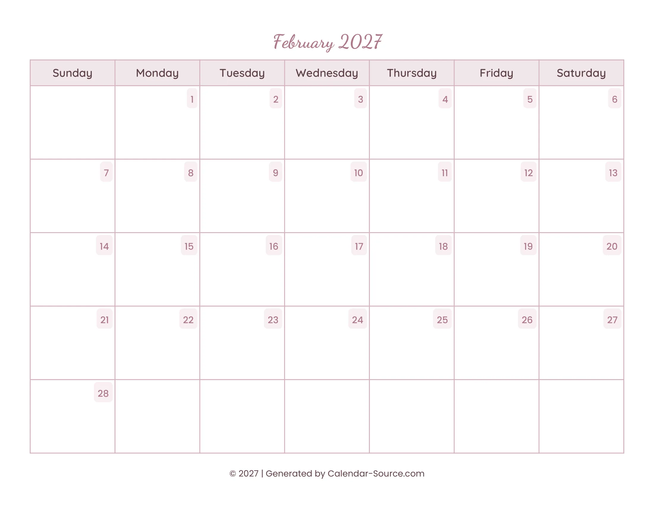 February 2027 Calendar Template 15