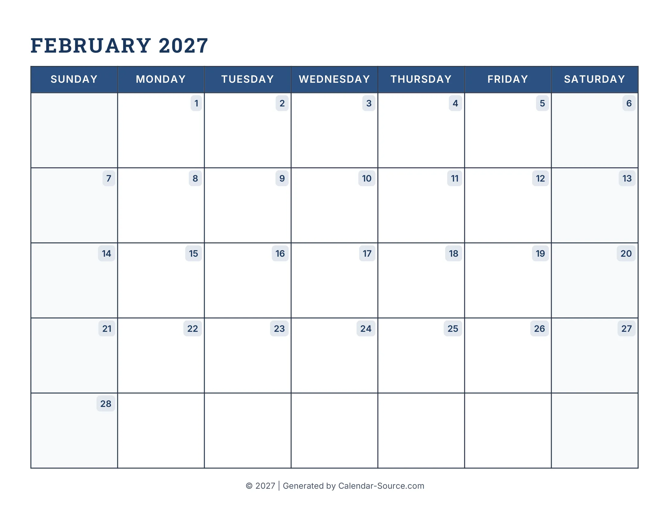 February 2027 Calendar Template 16