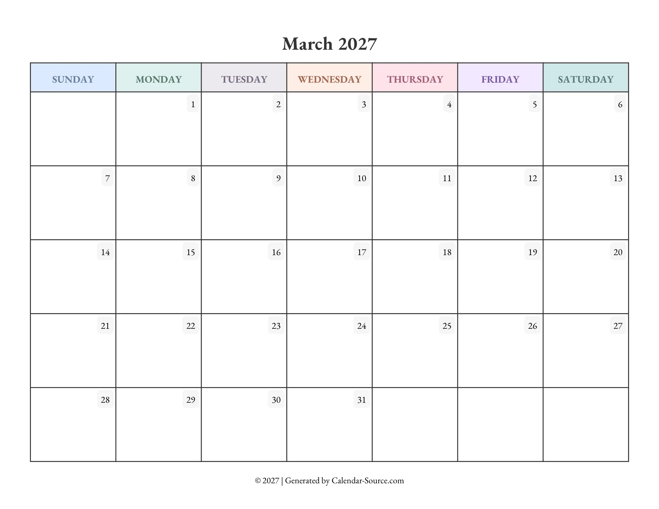 March 2027 Calendar Template 04