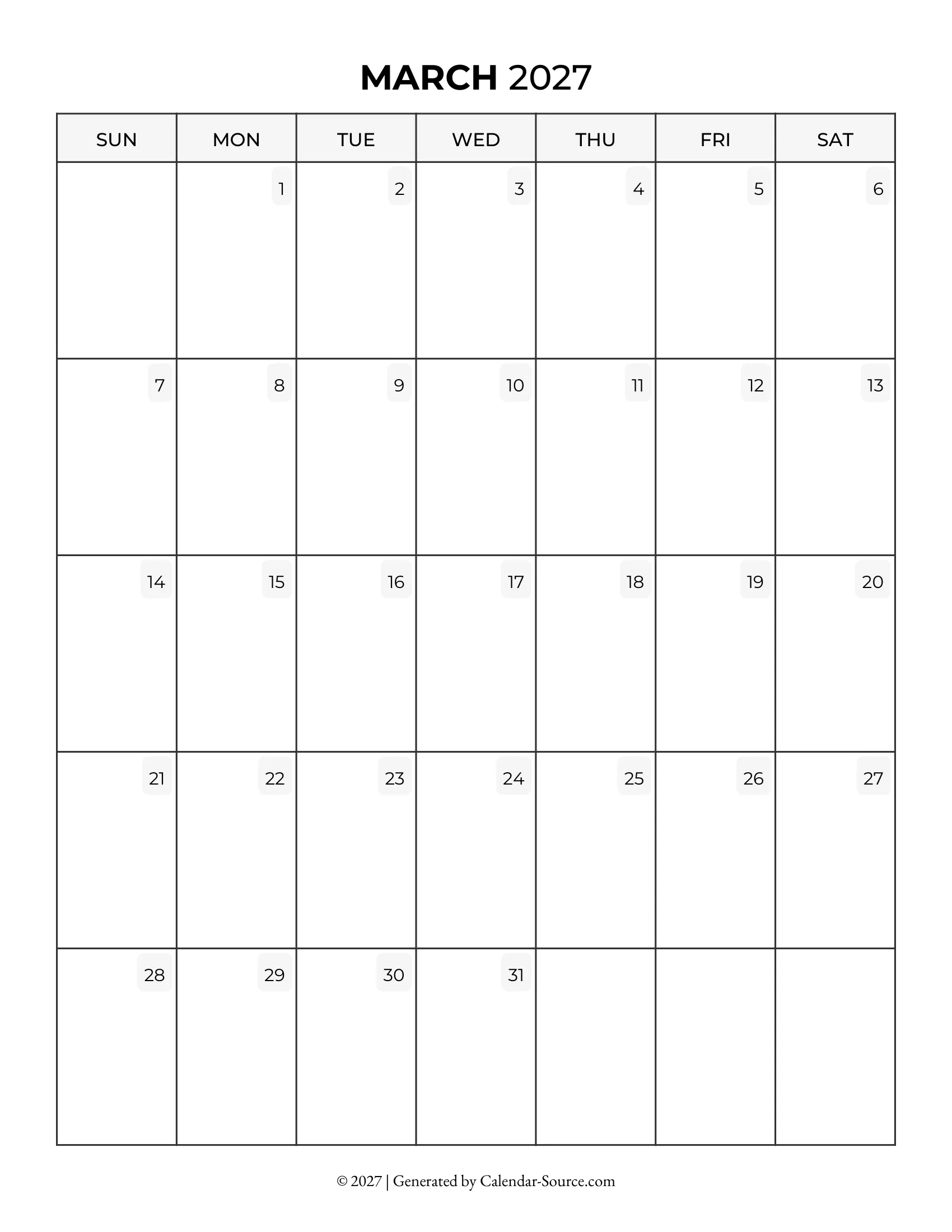 March 2027 Calendar Template 05