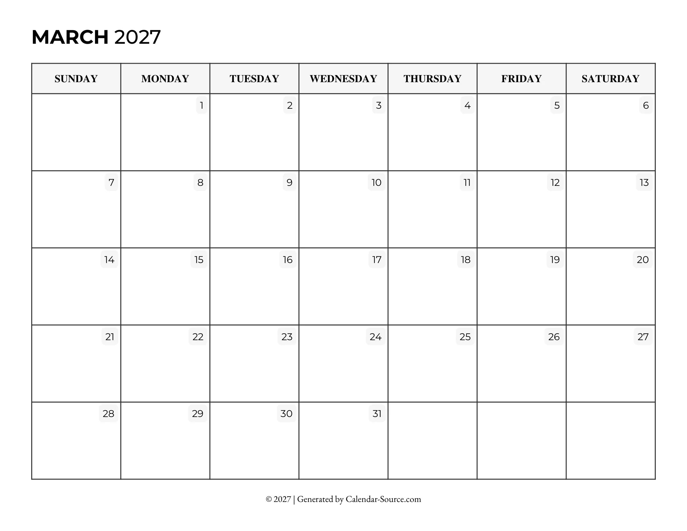March 2027 Calendar Template 06