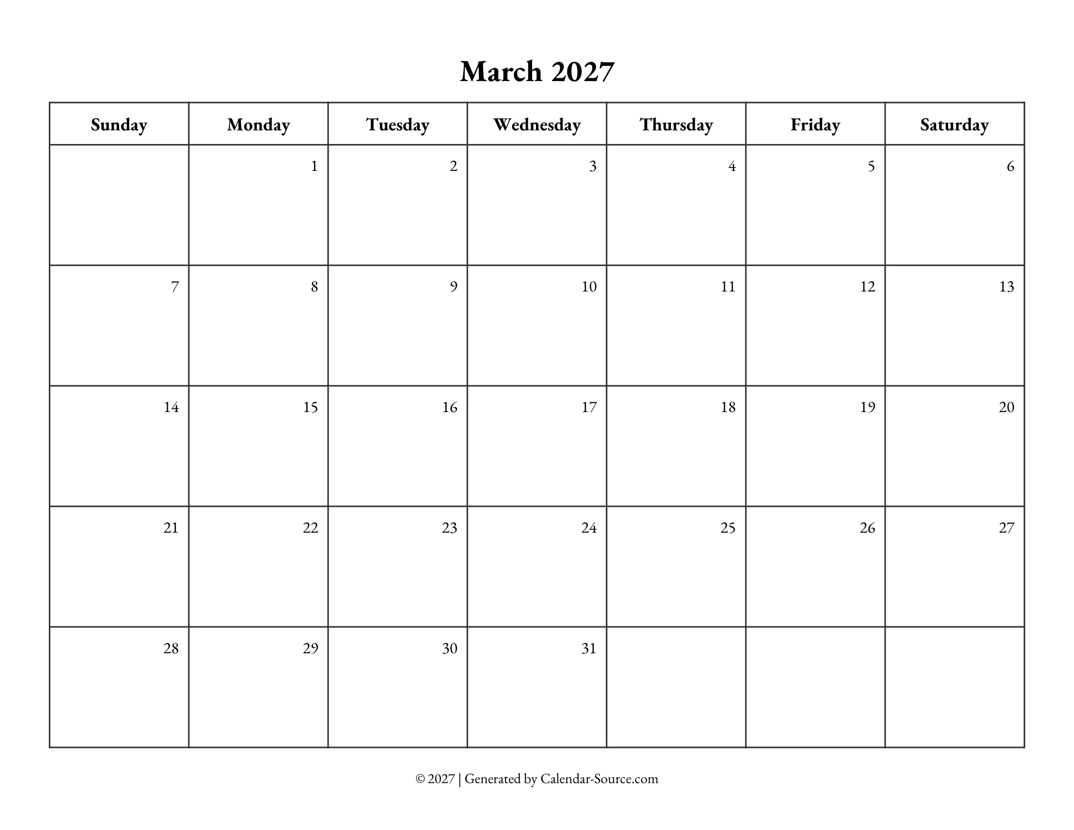 March 2027 Calendar Template 10