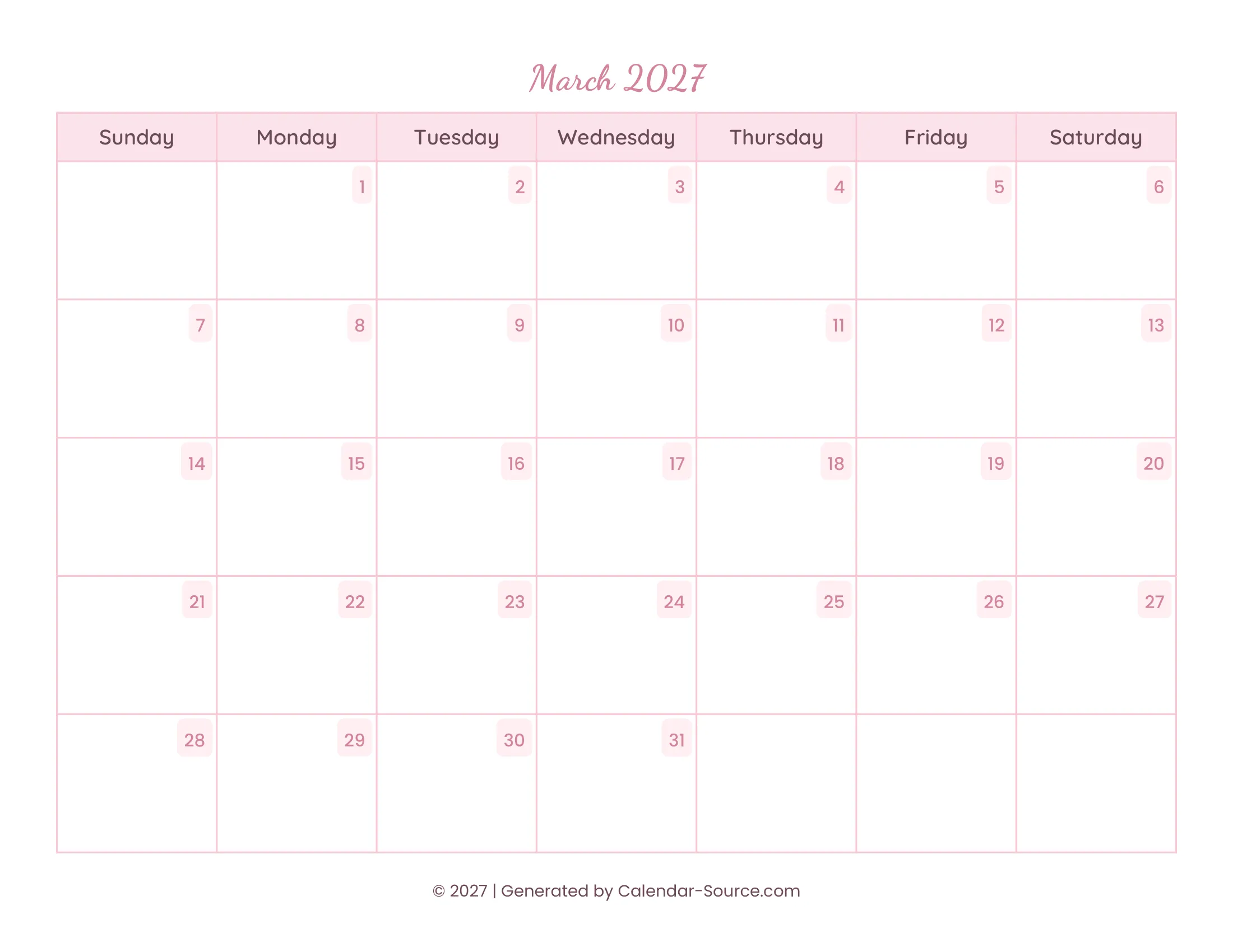 March 2027 Calendar Template 11