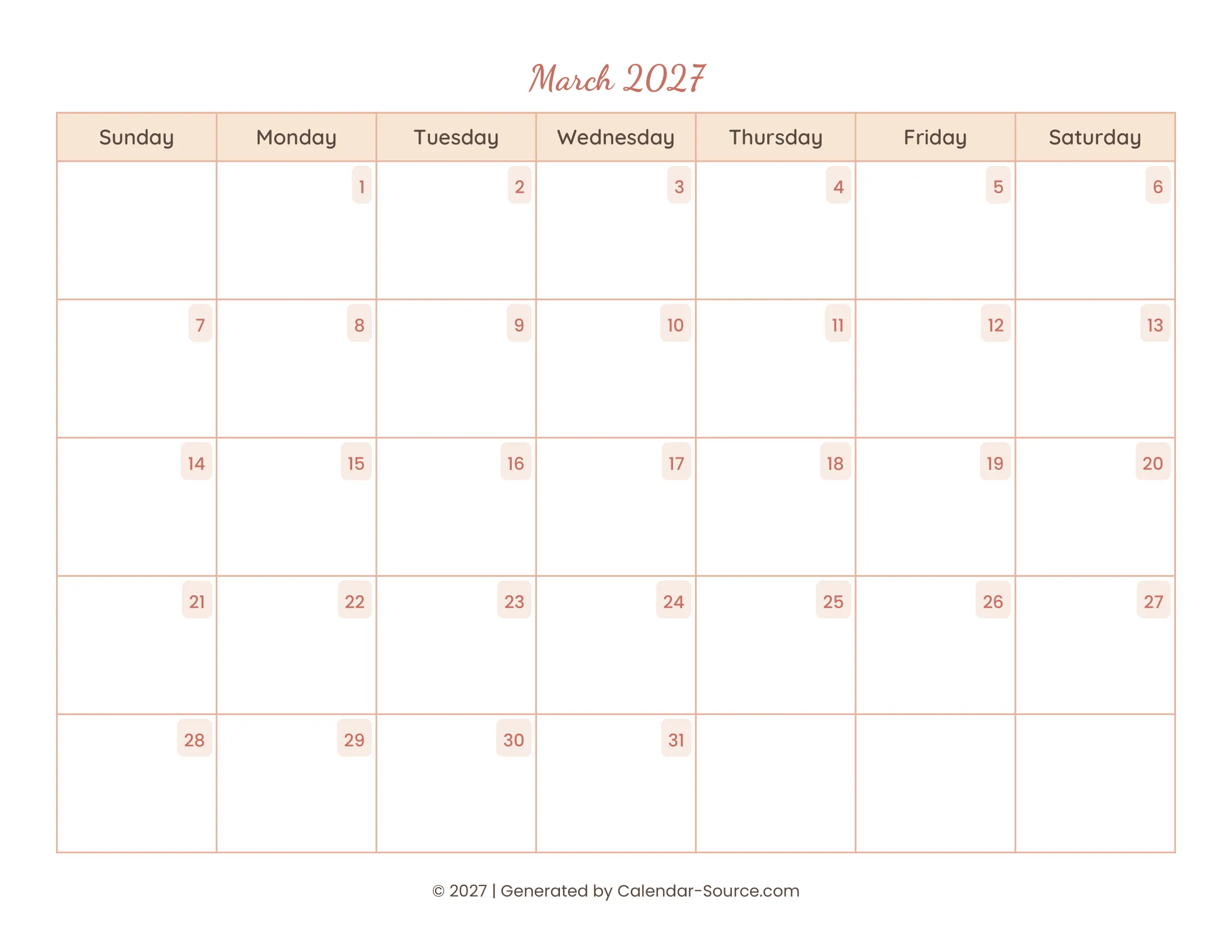 March 2027 Calendar Template 12
