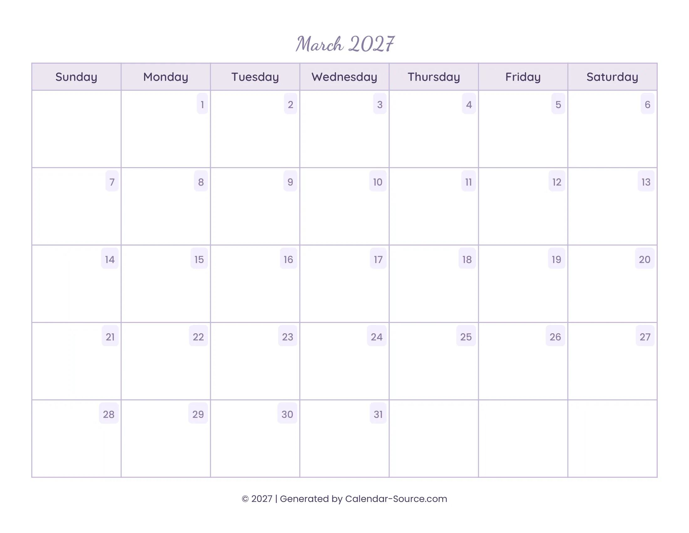 March 2027 Calendar Template 13