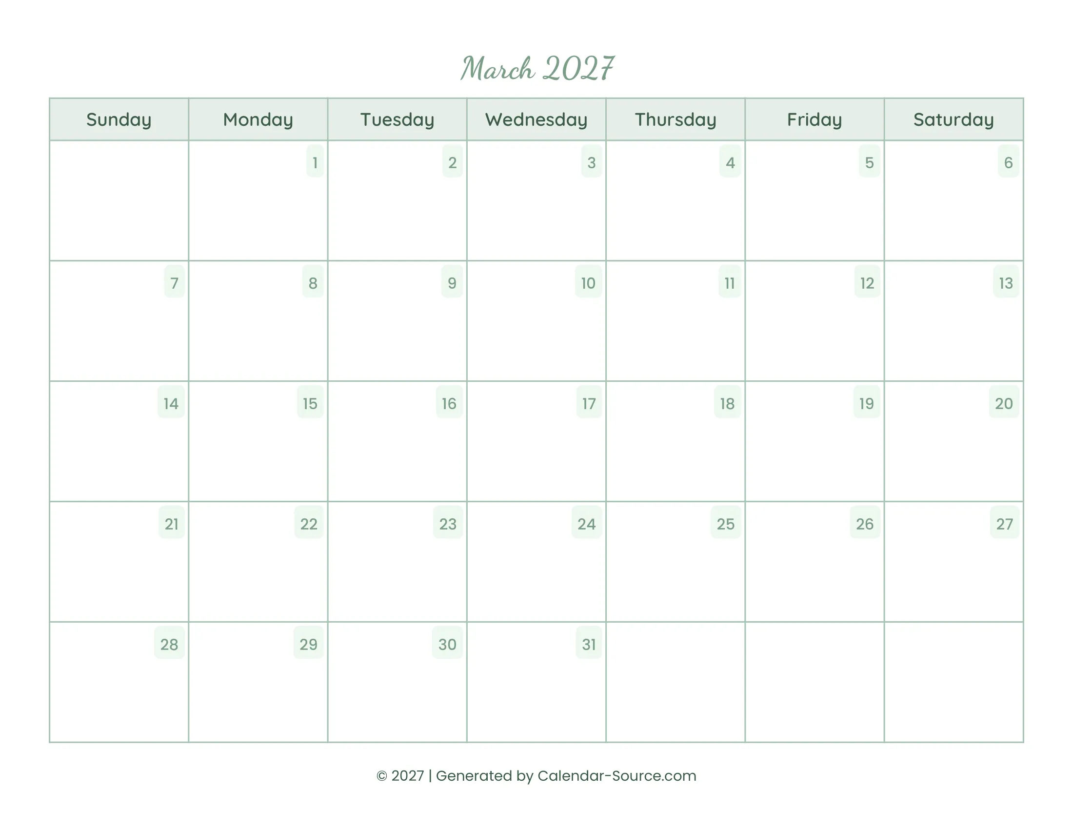 March 2027 Calendar Template 14