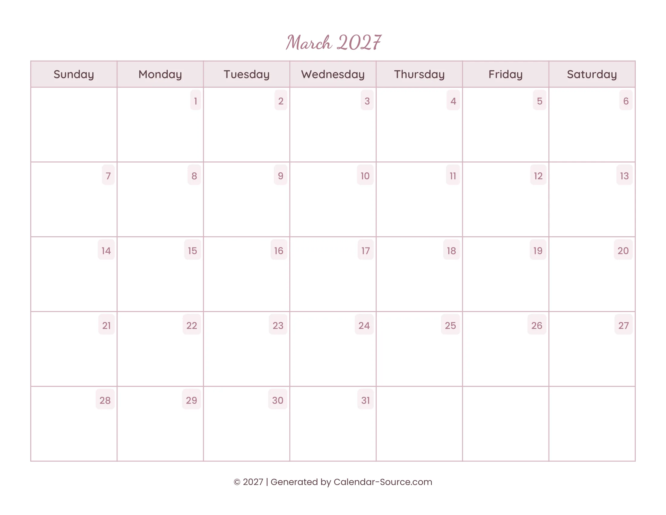 March 2027 Calendar Template 15