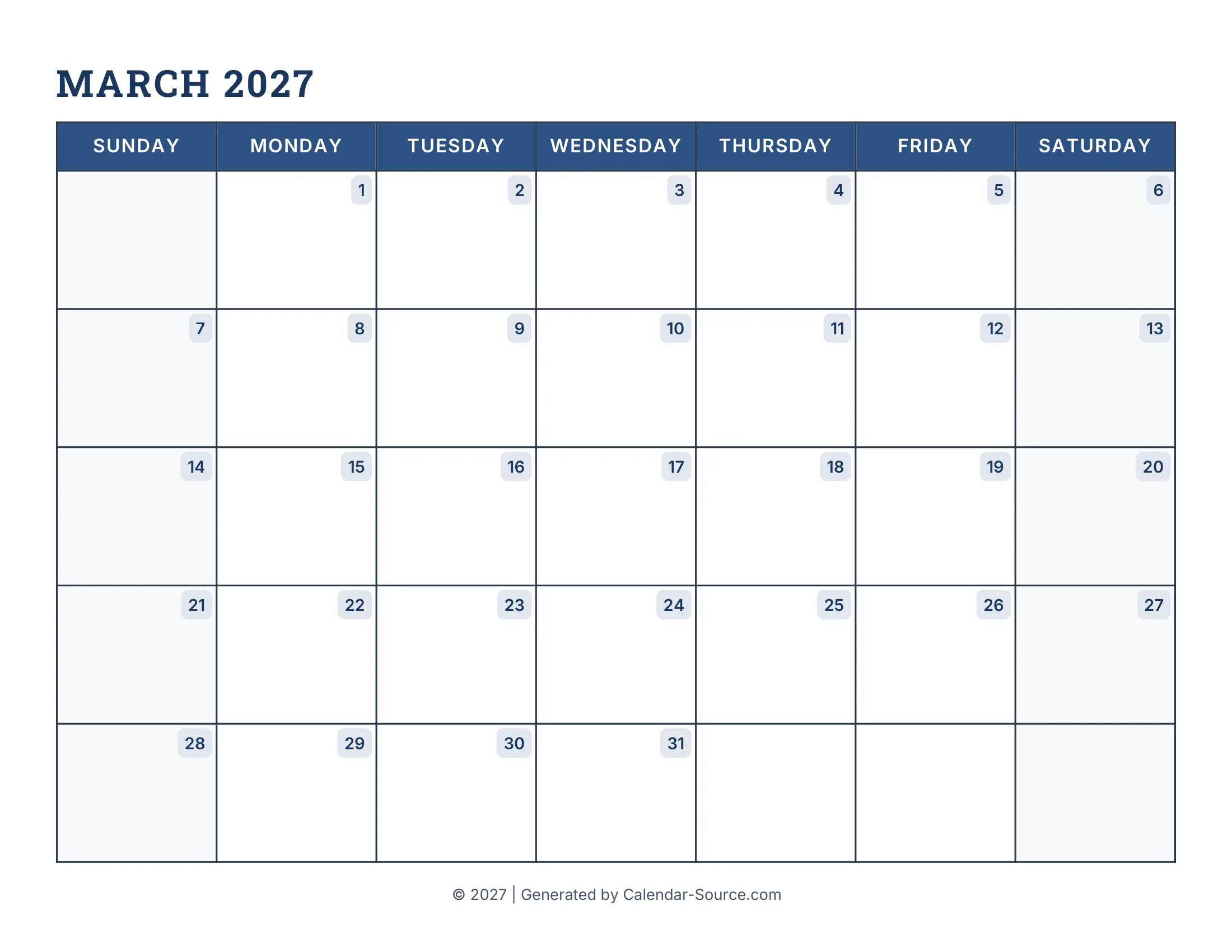 March 2027 Calendar Template 16