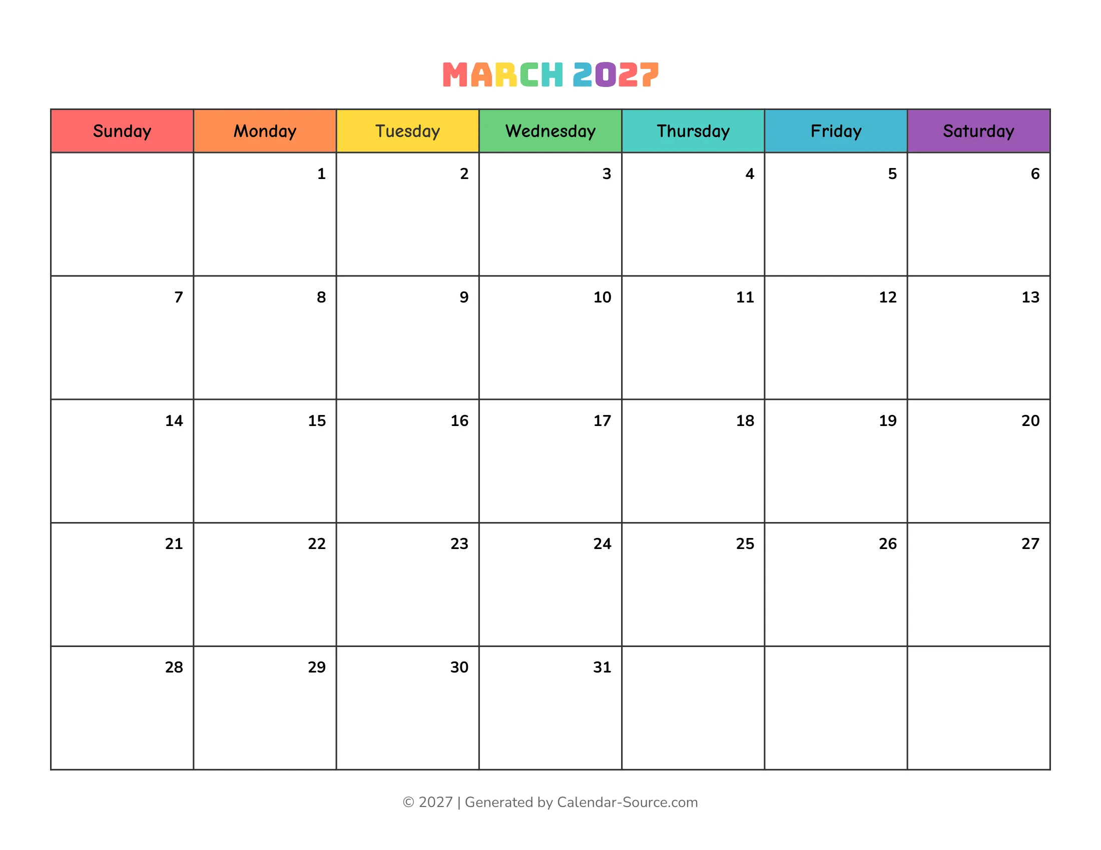 March 2027 Calendar Template 17