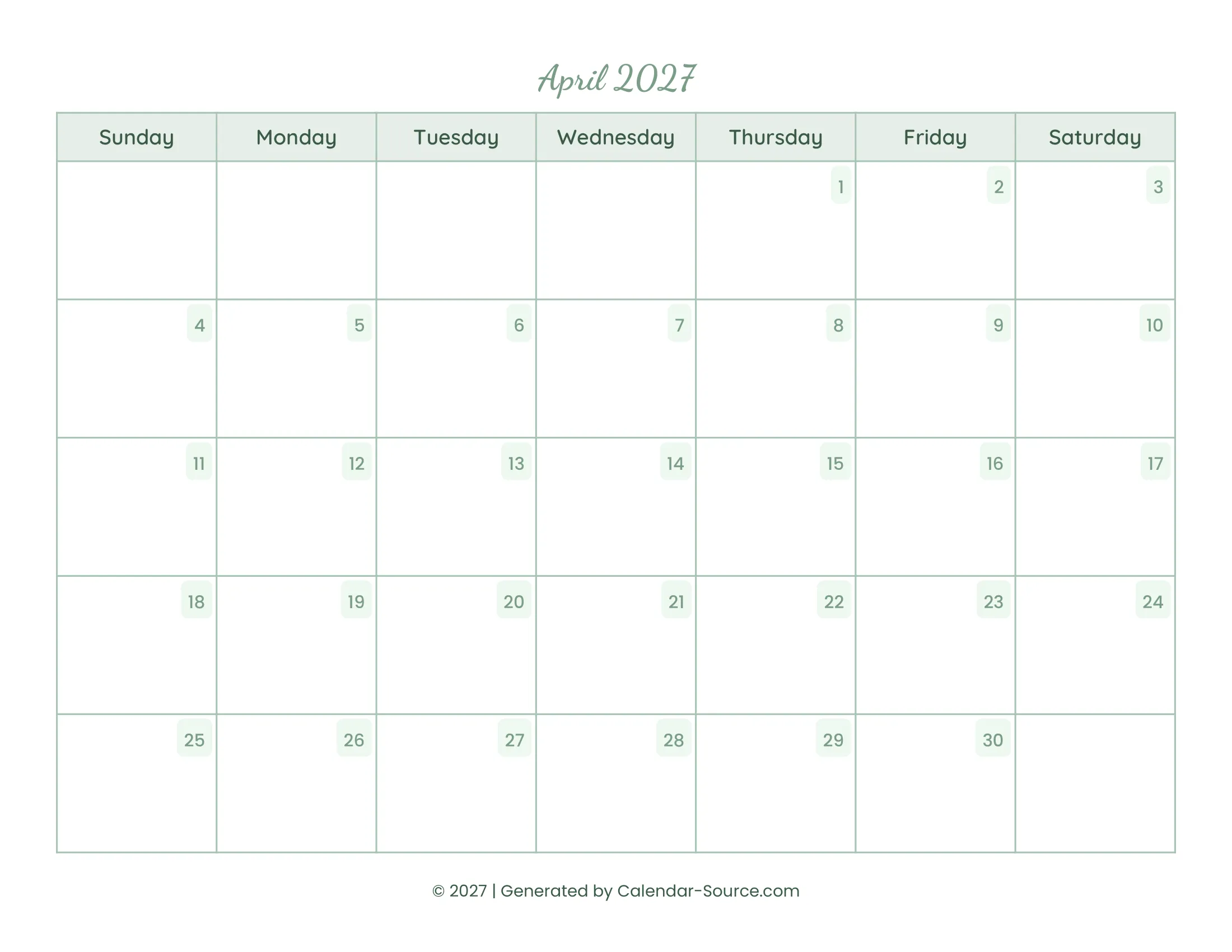April 2027 Calendar Template 14