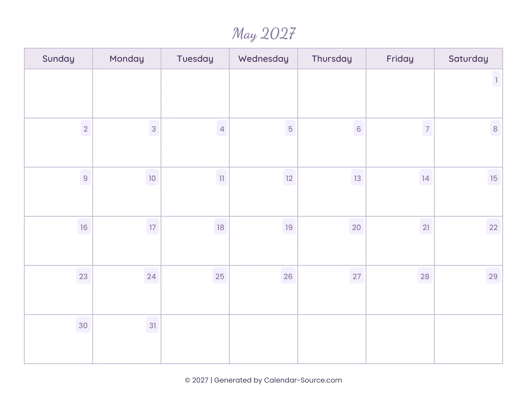May 2027 Calendar Template 13