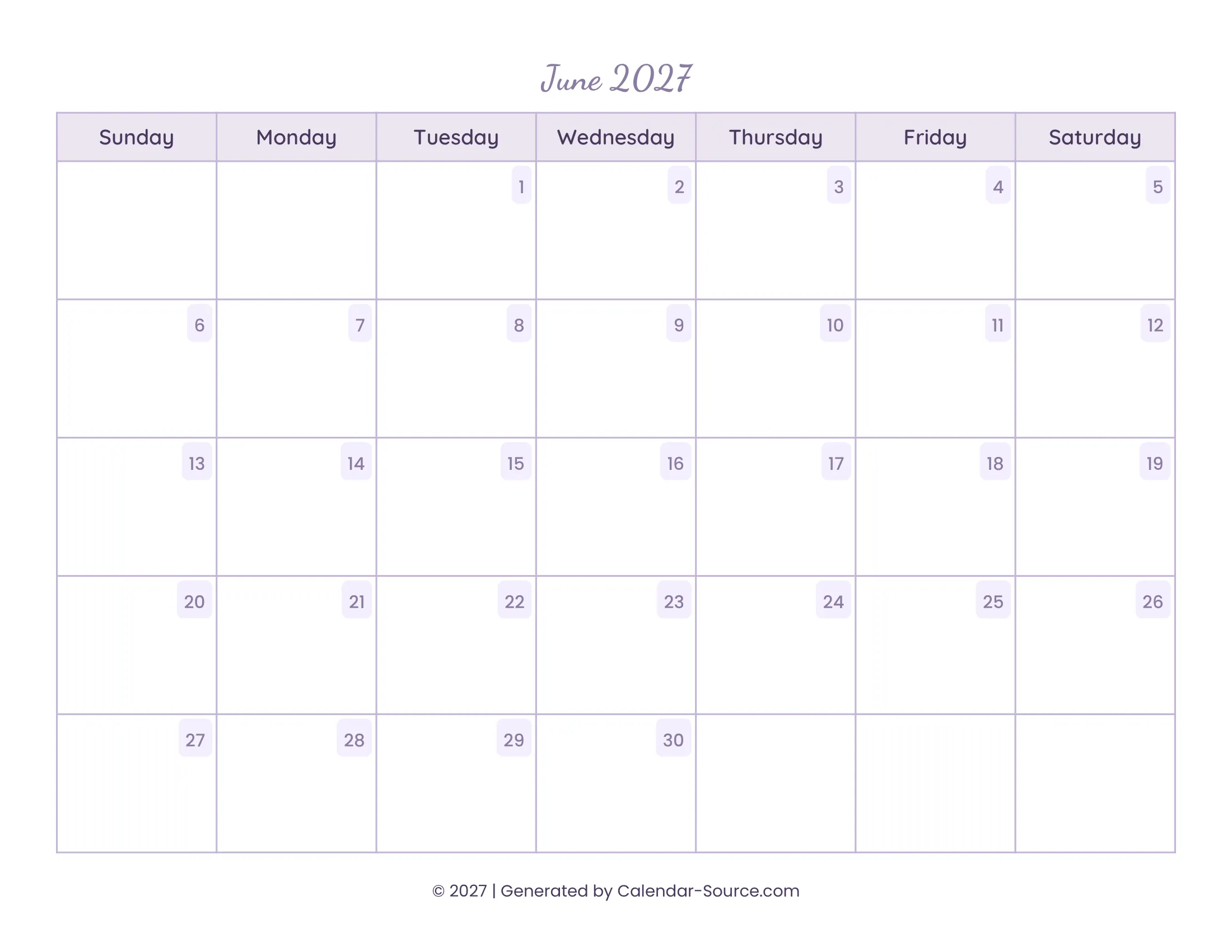 June 2027 Calendar Template 13