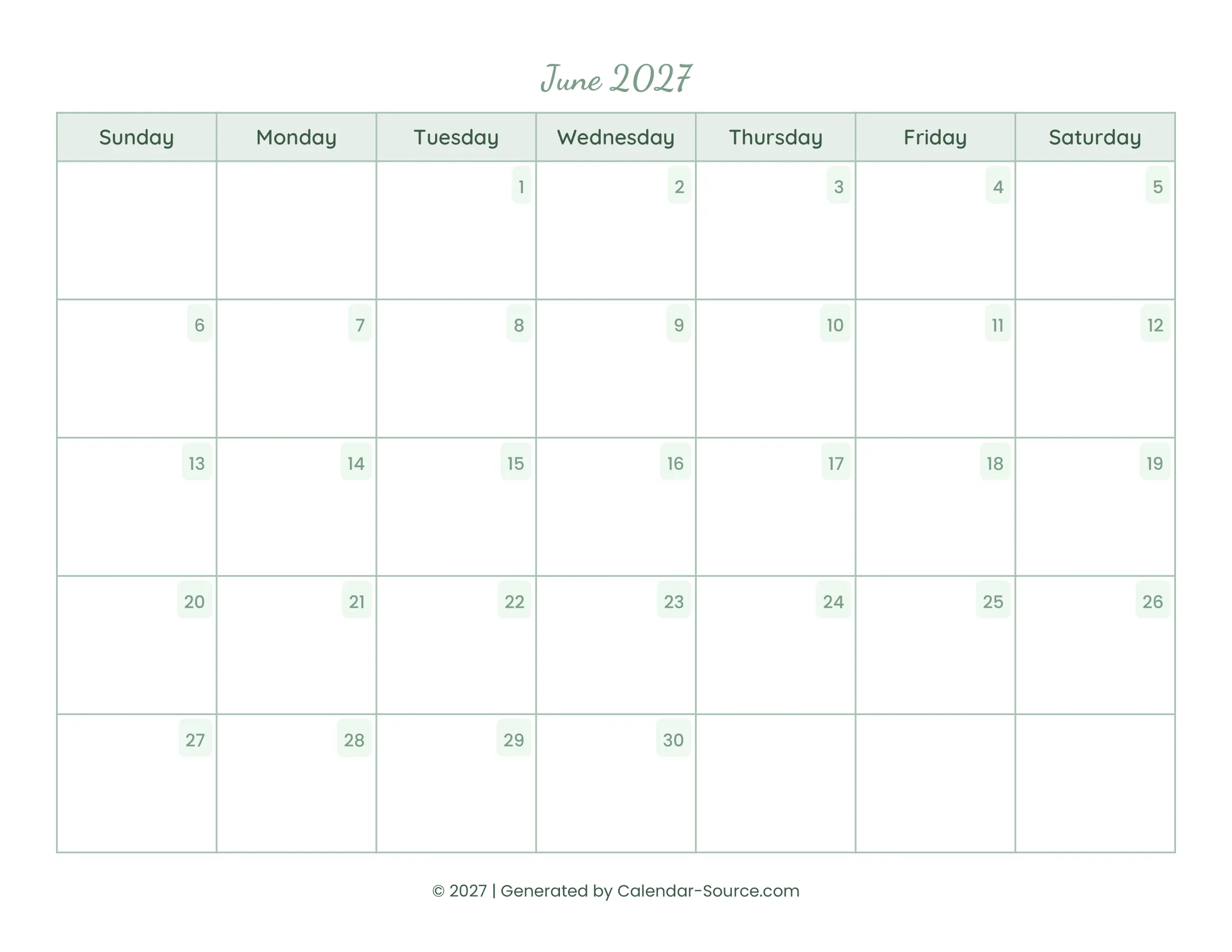 June 2027 Calendar Template 14