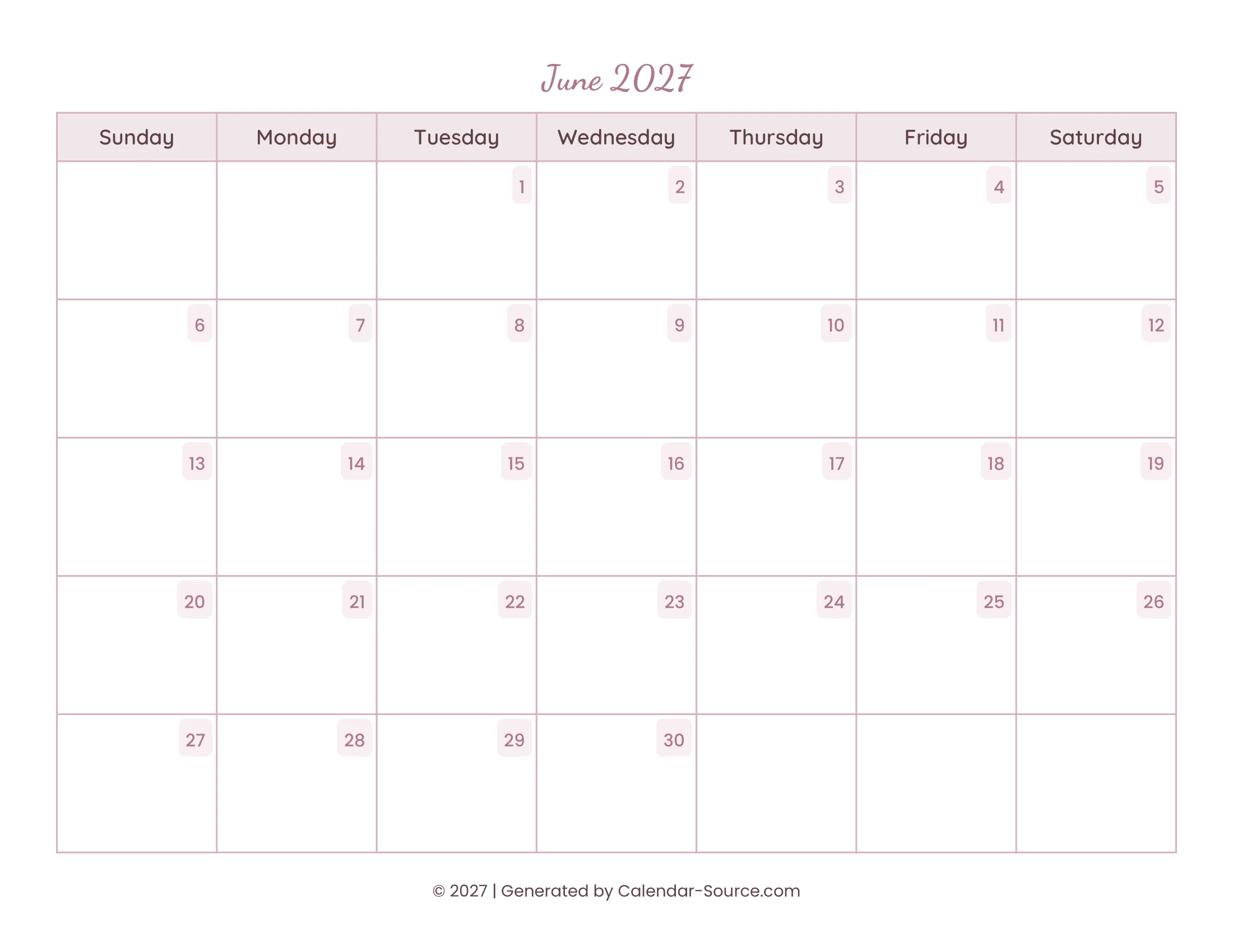 June 2027 Calendar Template 15