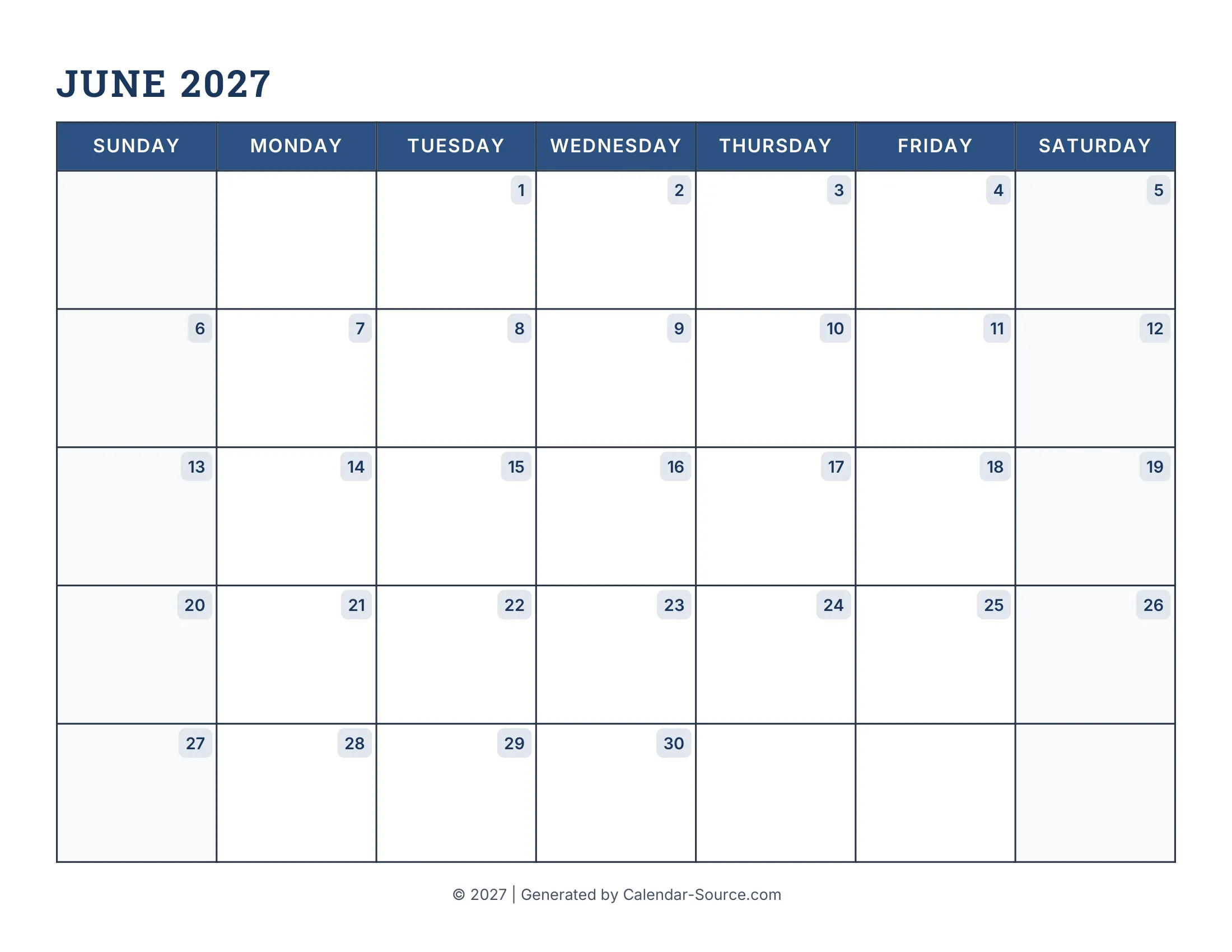 June 2027 Calendar Template 16