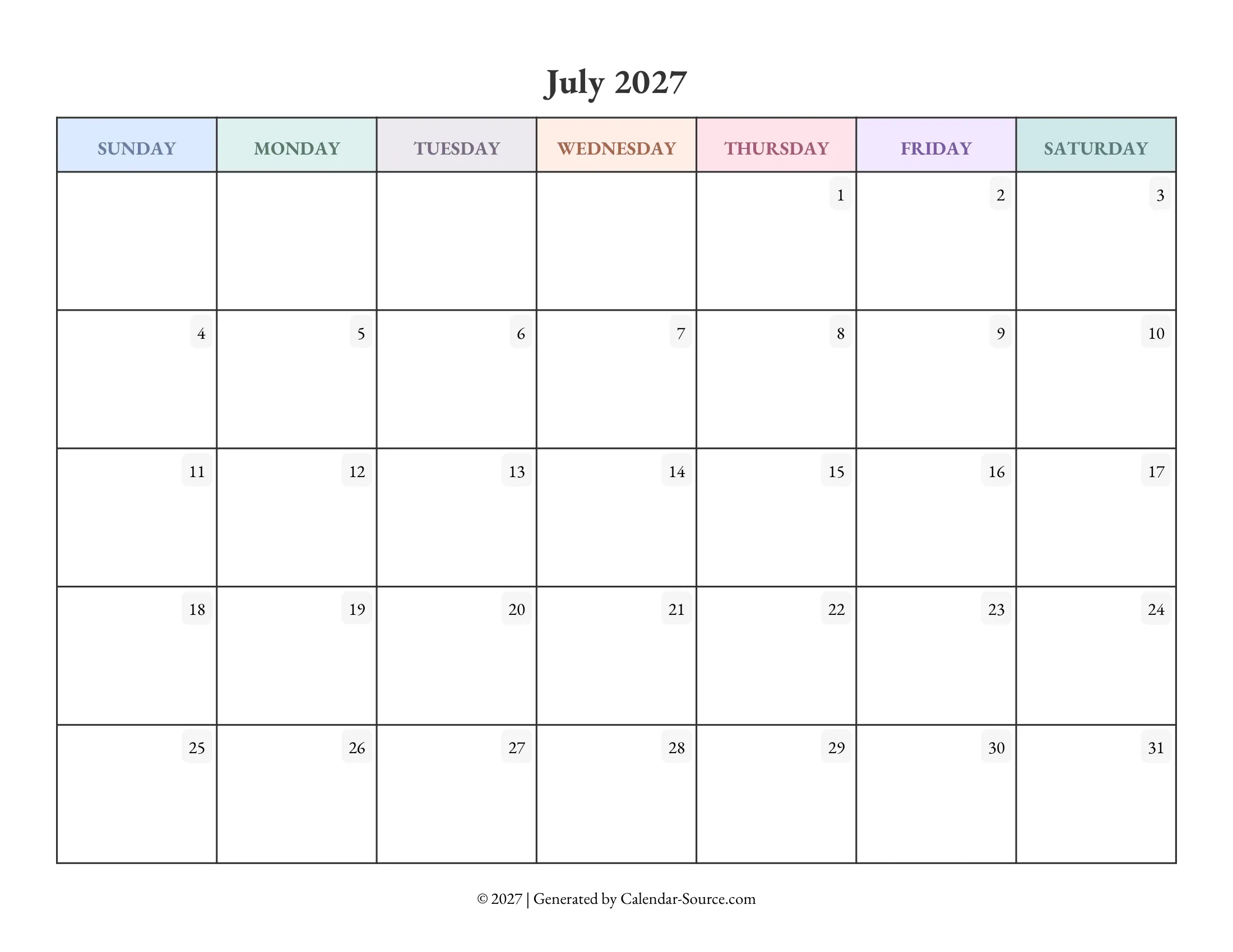 July 2027 Calendar (Printable)