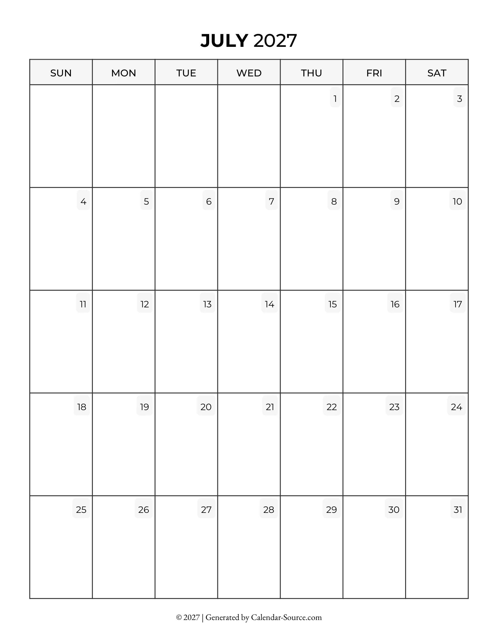 July 2027 Calendar (Printable)