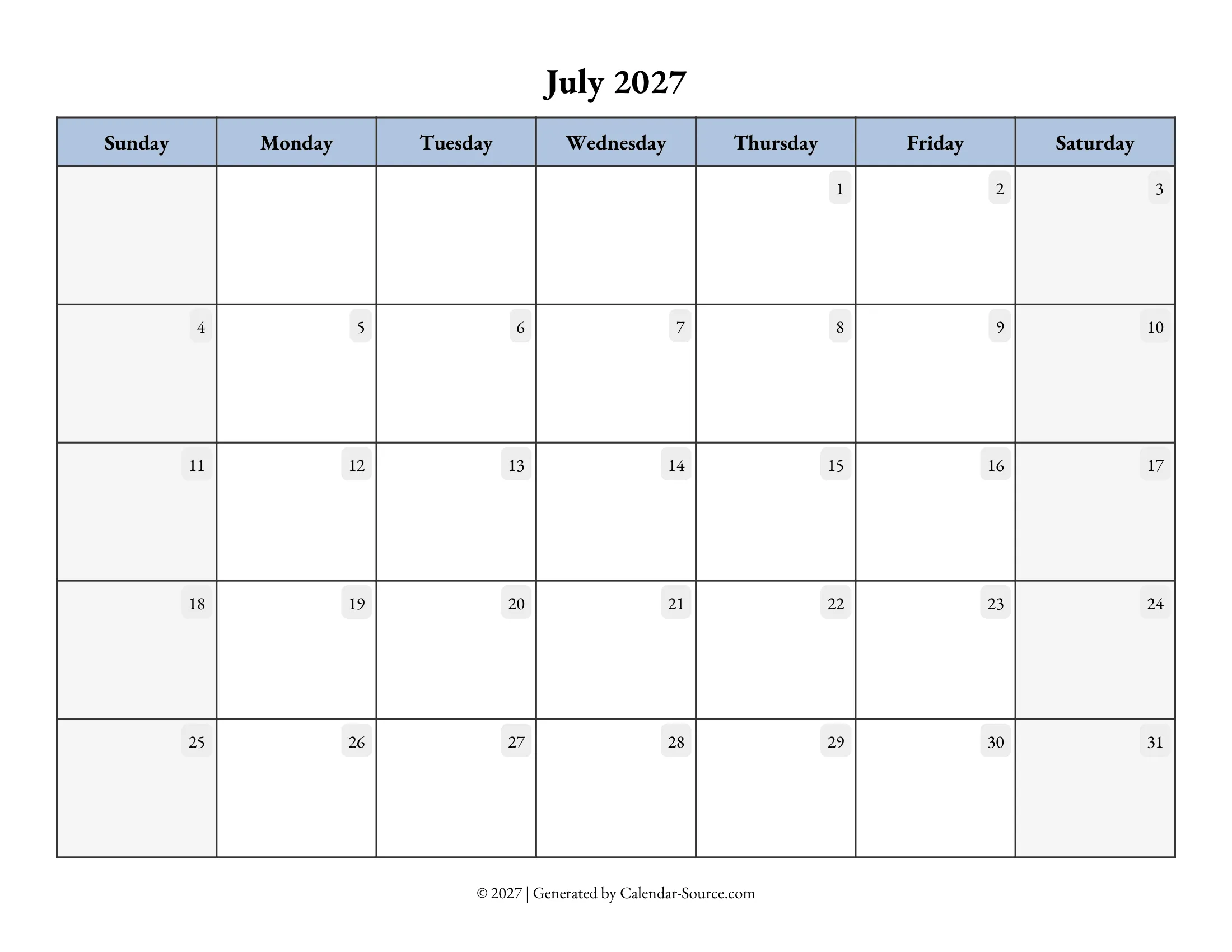 July 2027 Calendar Template 07