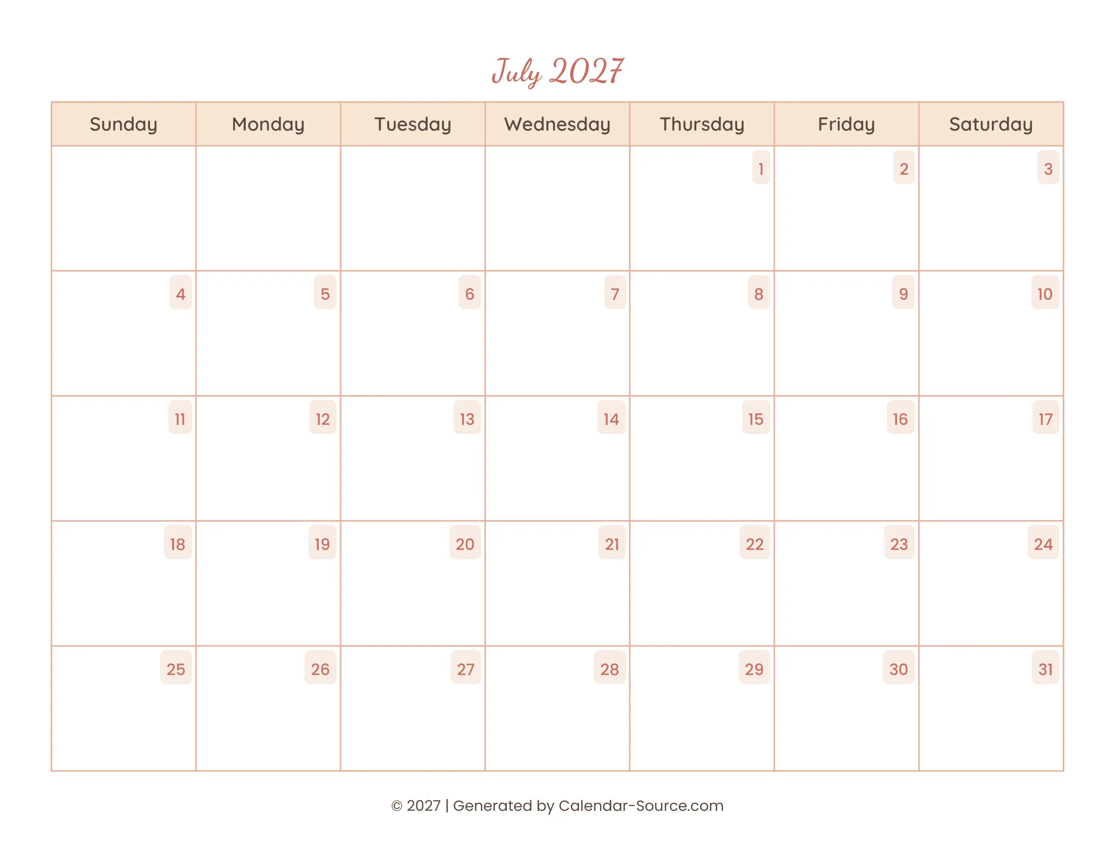 July 2027 Calendar Template 12