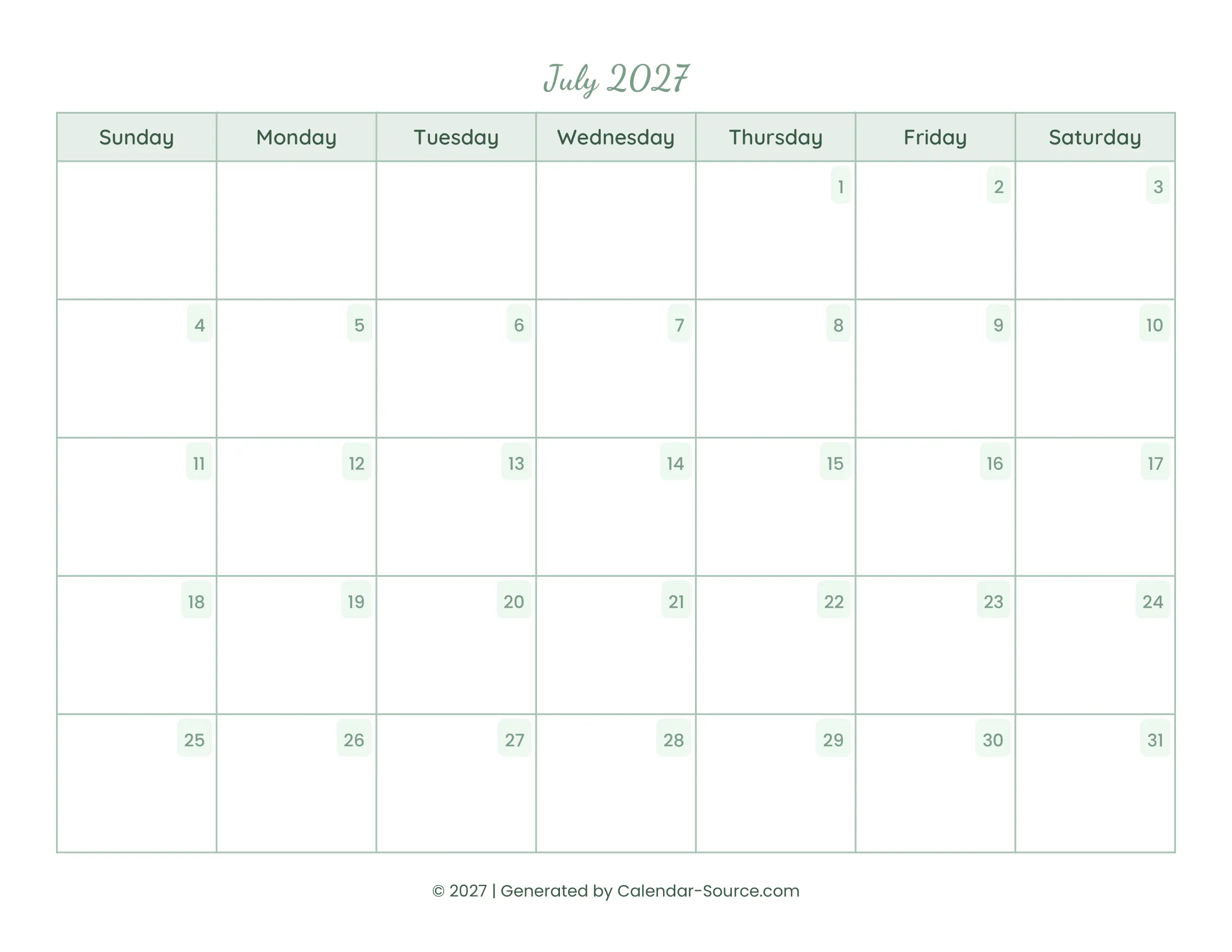 July 2027 Calendar Template 14