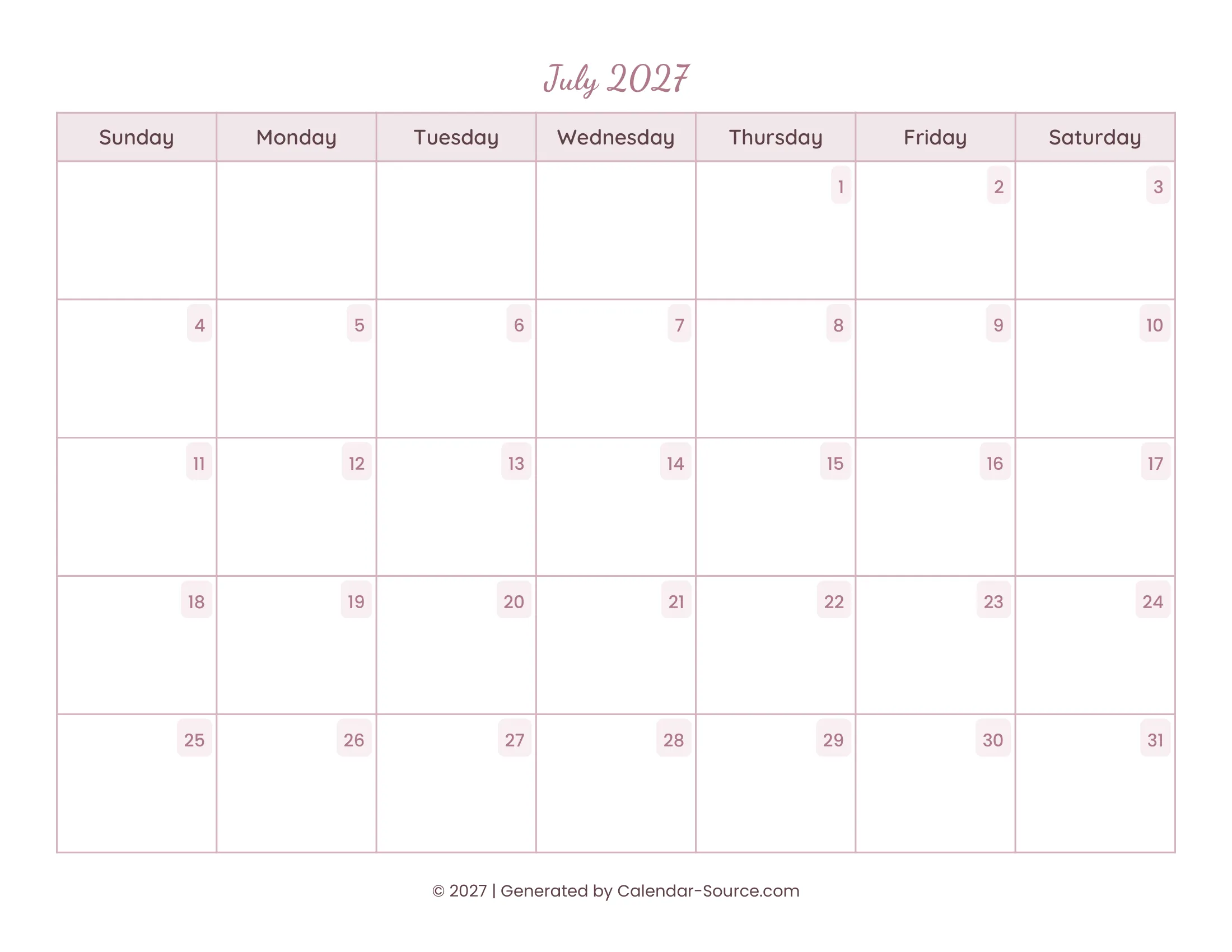 July 2027 Calendar Template 15