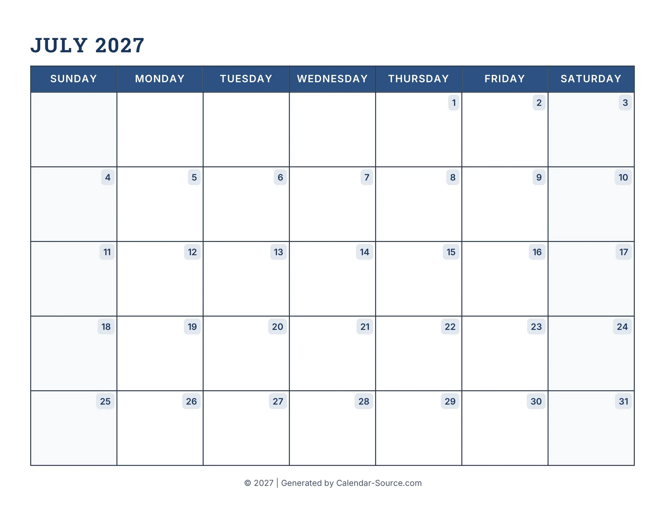 July 2027 Calendar Template 16
