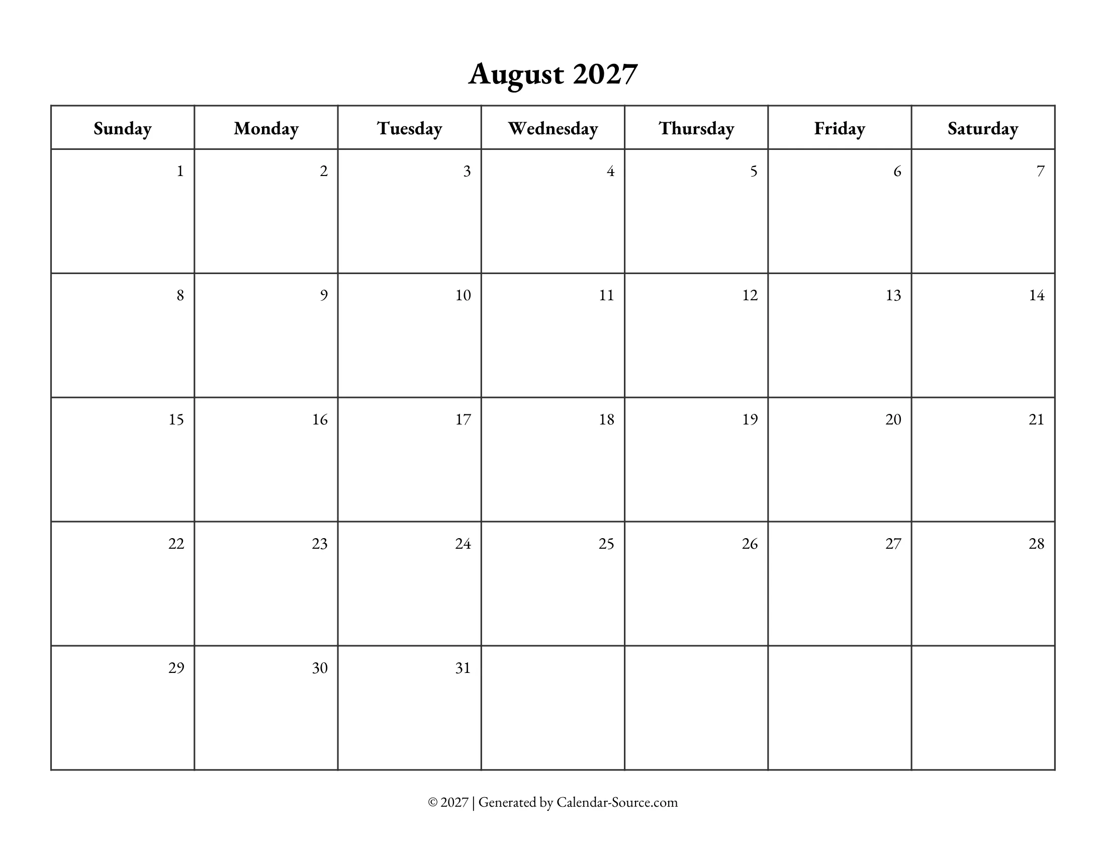 August 2027 Calendar Template 10