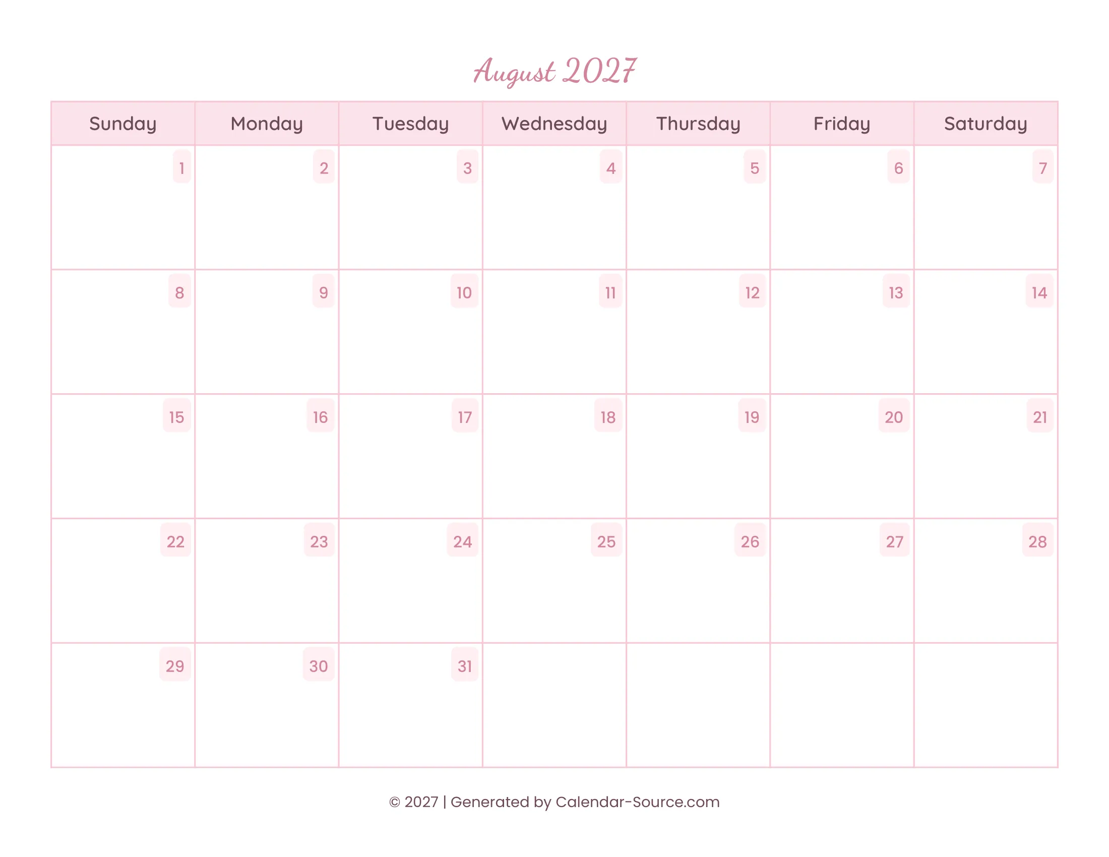 August 2027 Calendar Template 11