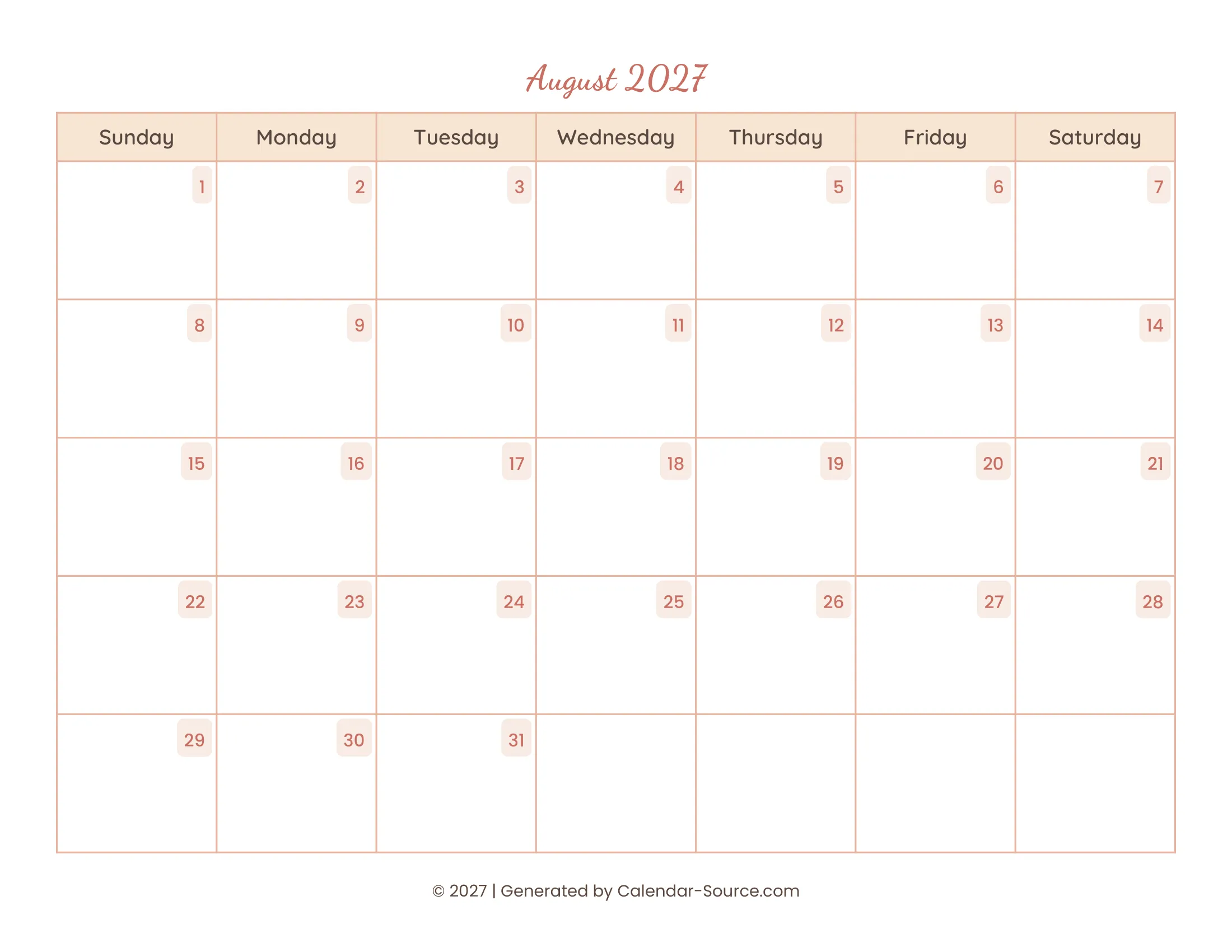 August 2027 Calendar Template 12