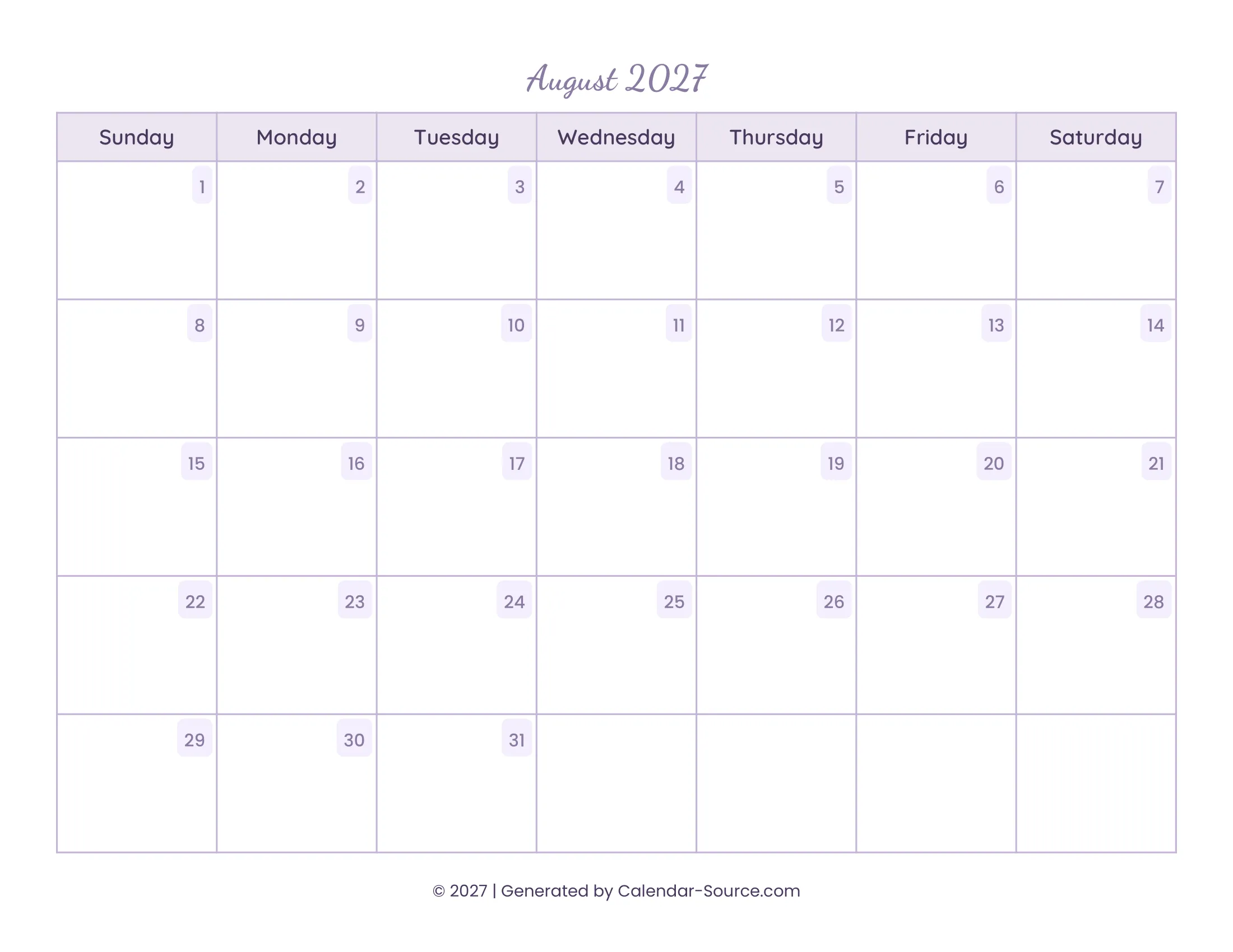 August 2027 Calendar Template 13