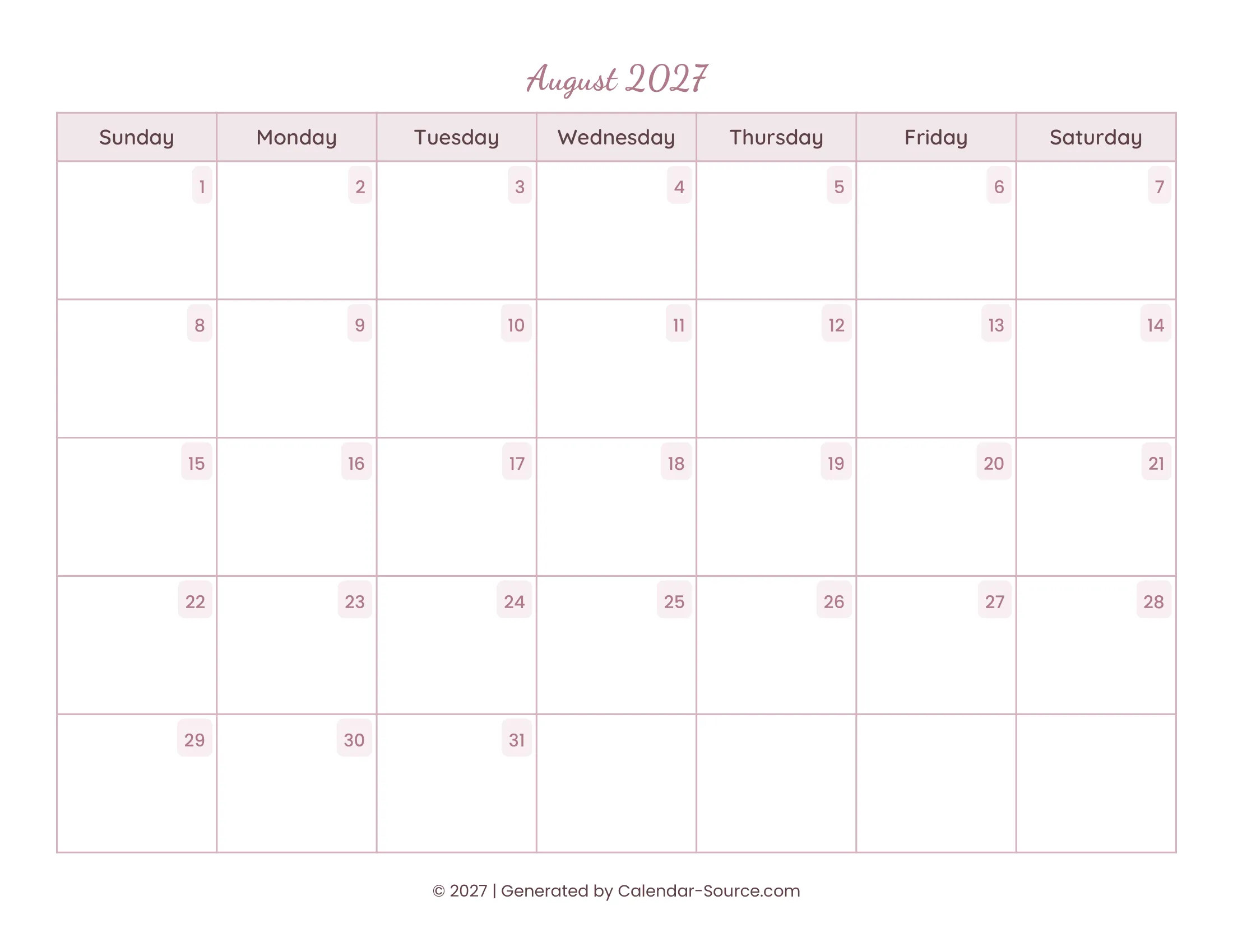 August 2027 Calendar Template 15