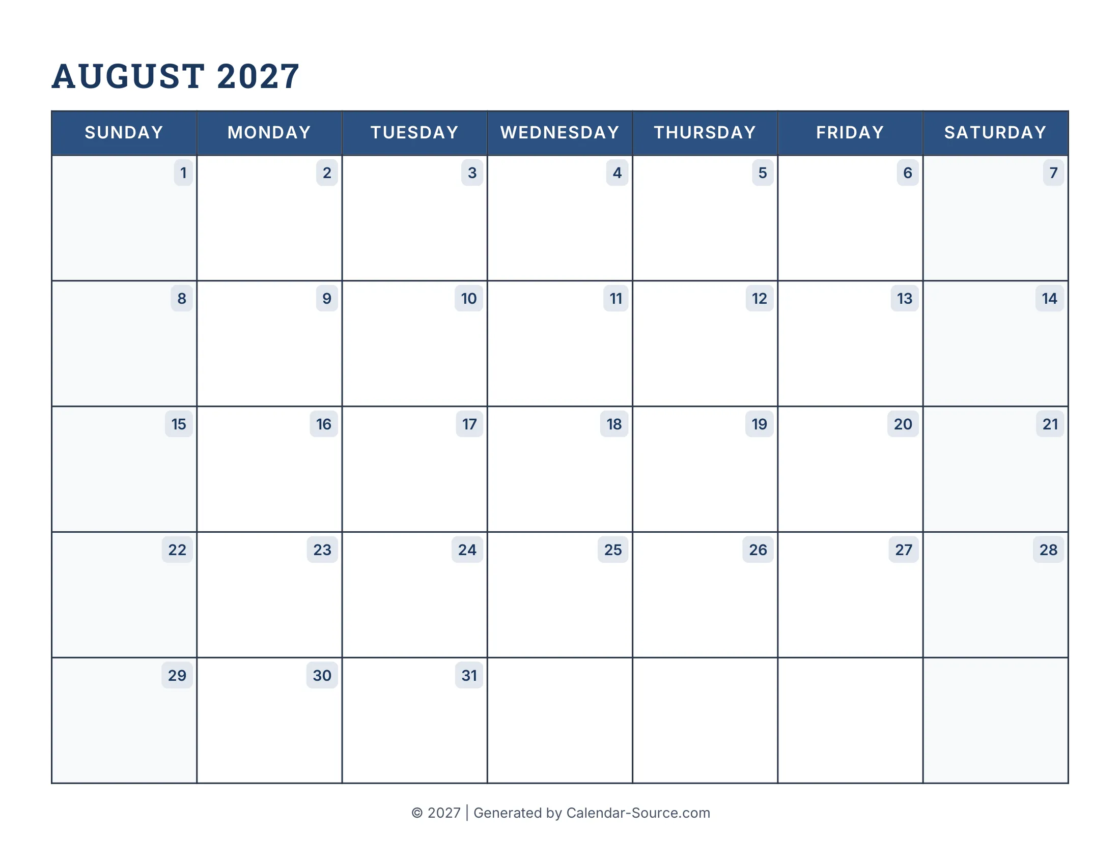 August 2027 Calendar Template 16