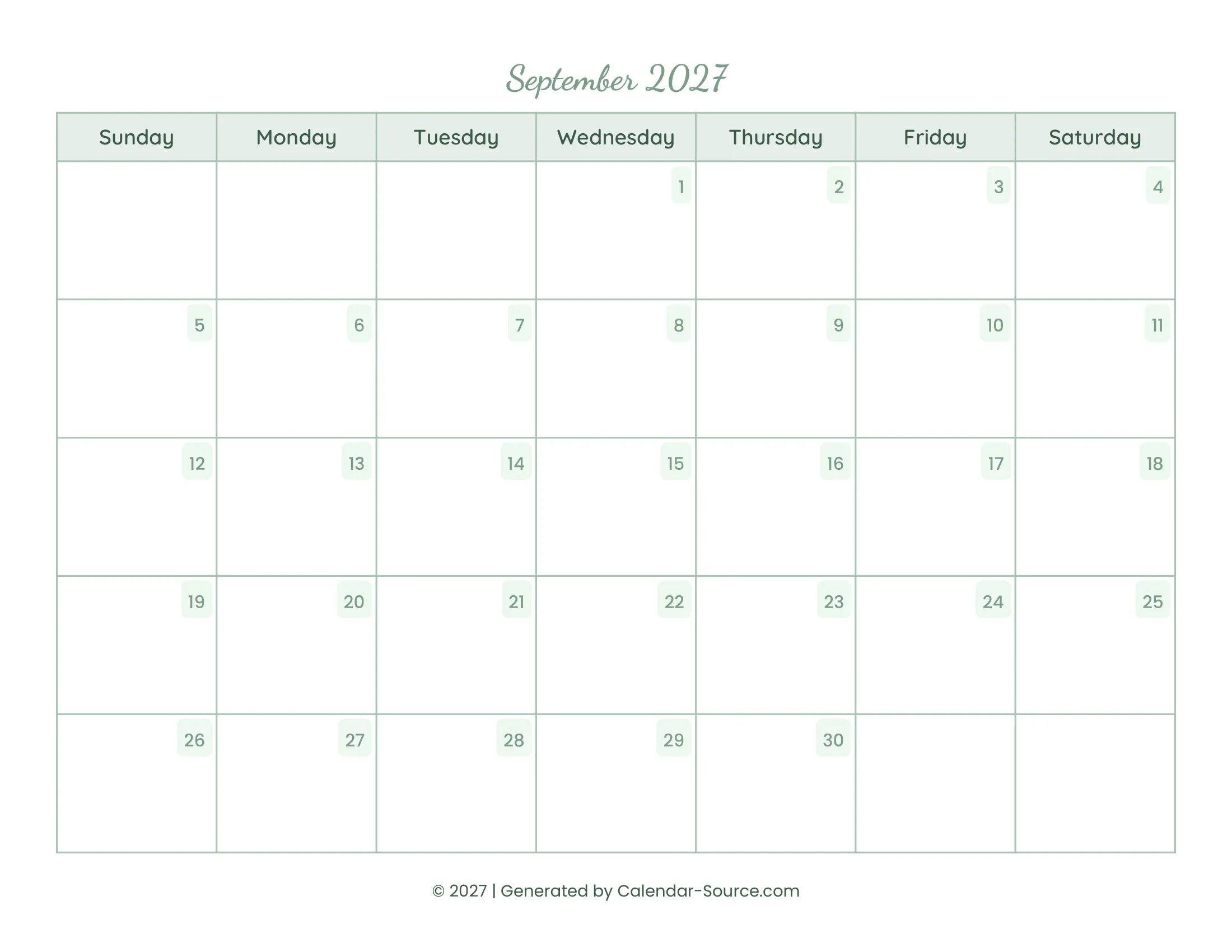 September 2027 Calendar Template 14