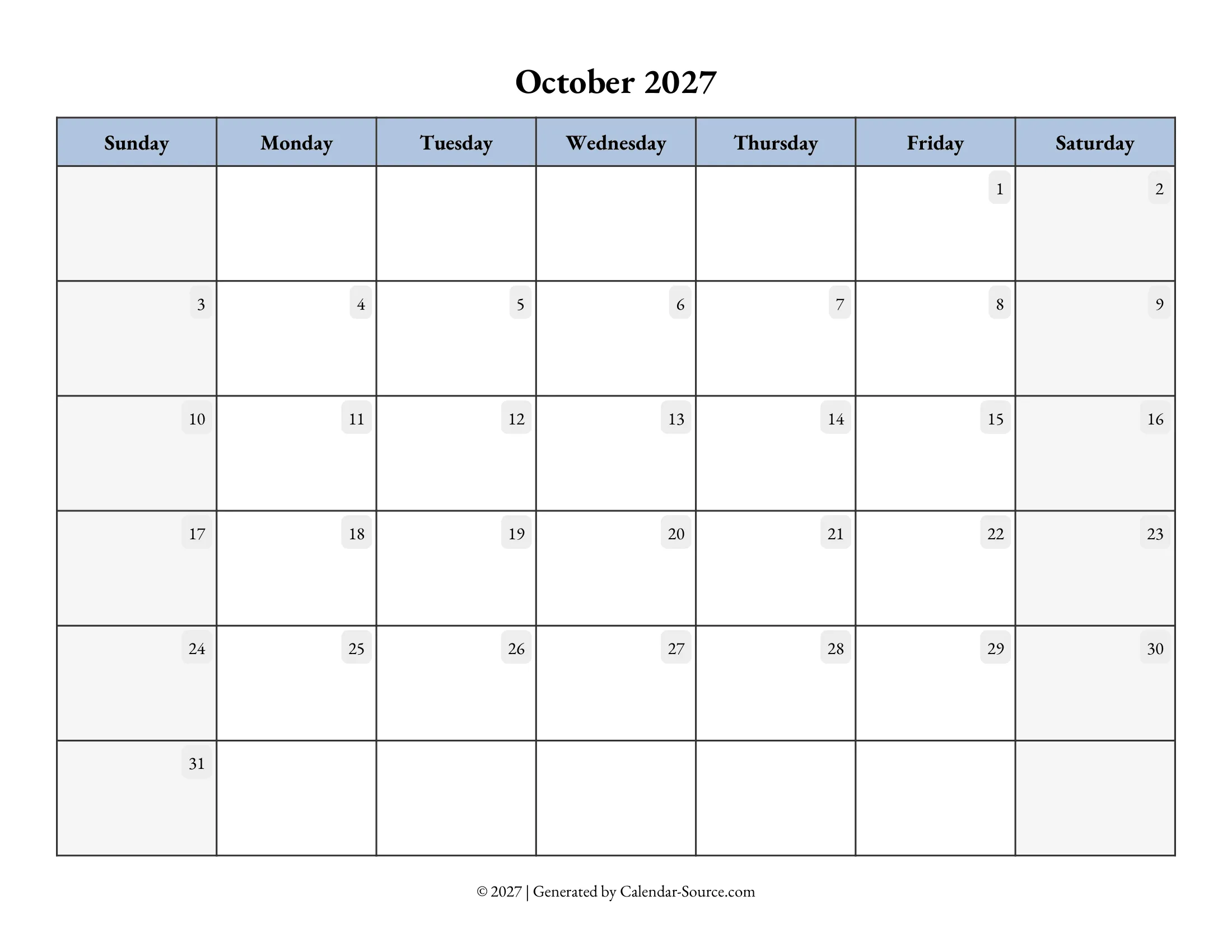 October 2027 Calendar Template 07