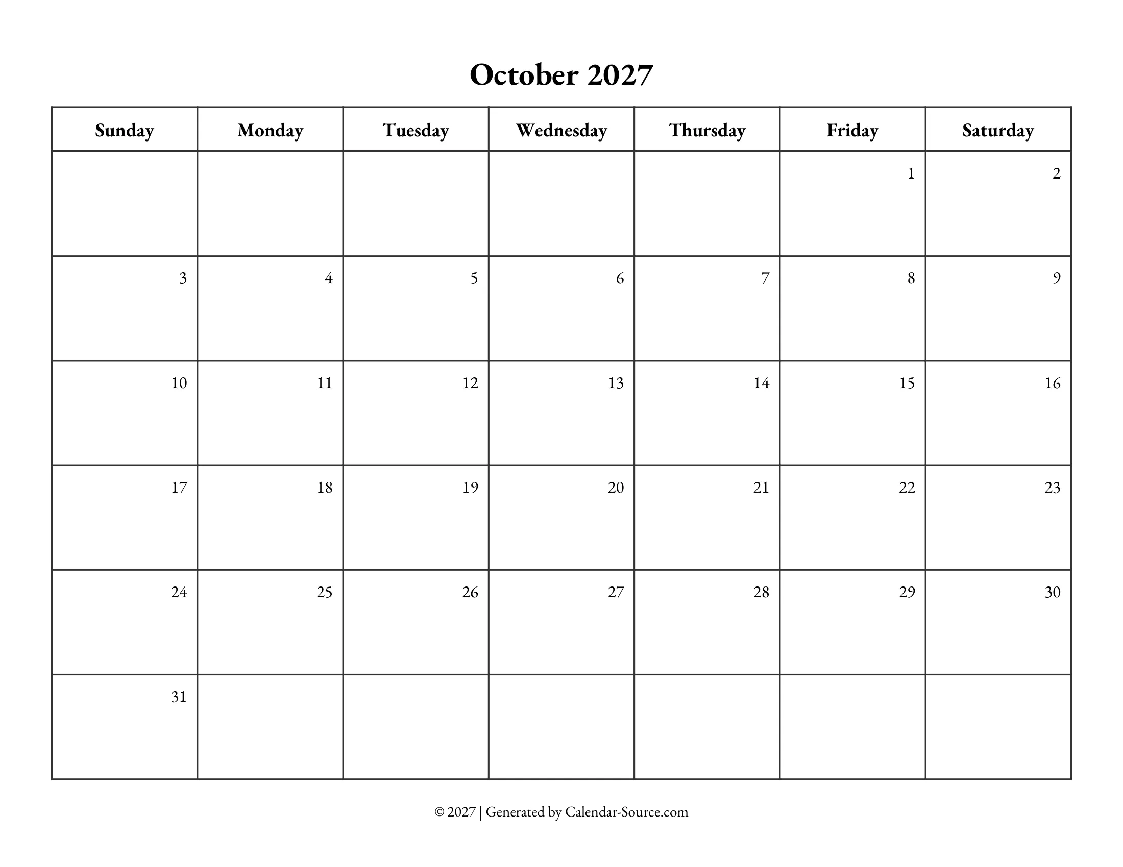 October 2027 Calendar Template 10