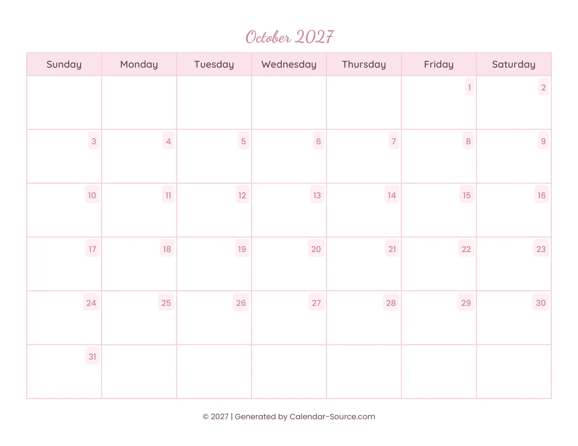 October 2027 Calendar Template 11