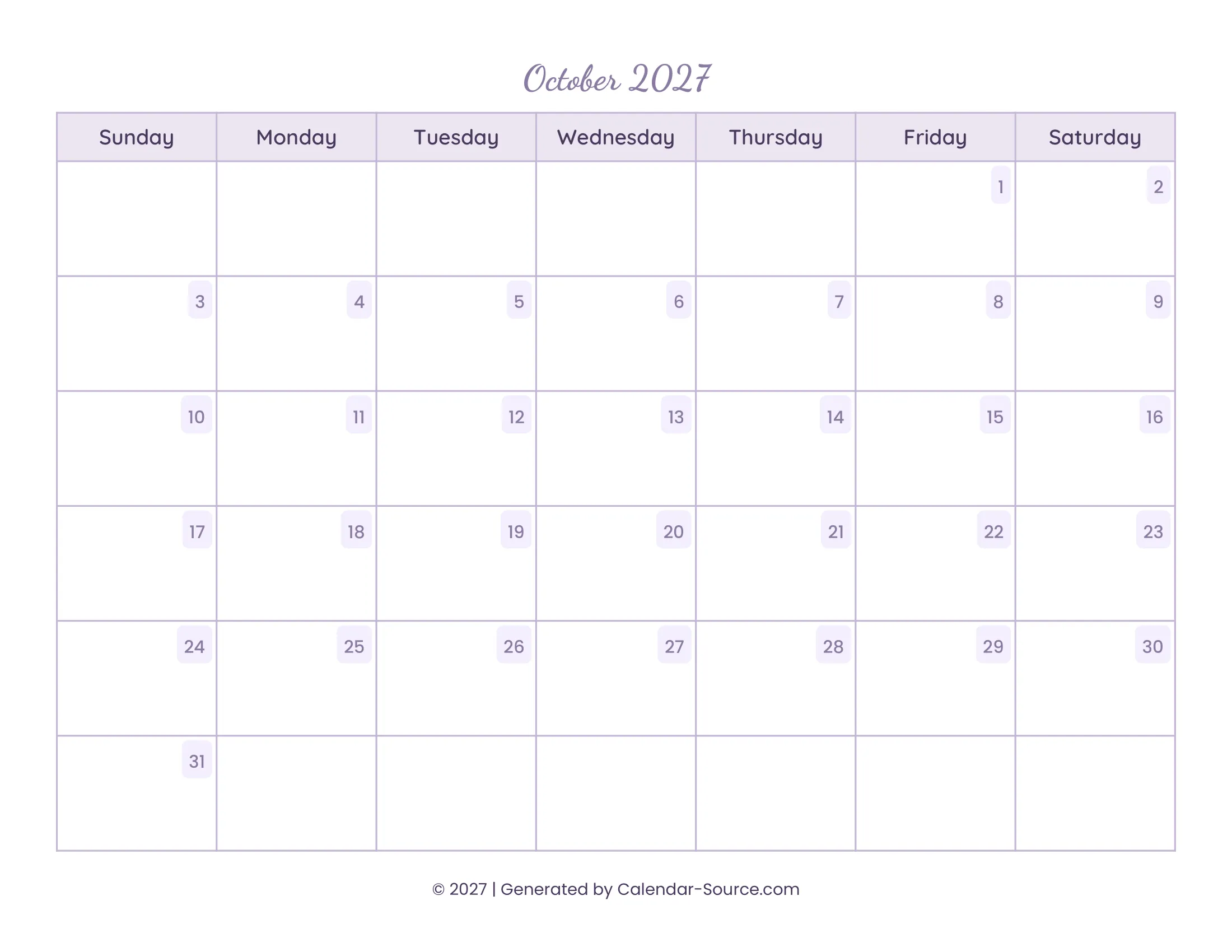 October 2027 Calendar Template 13
