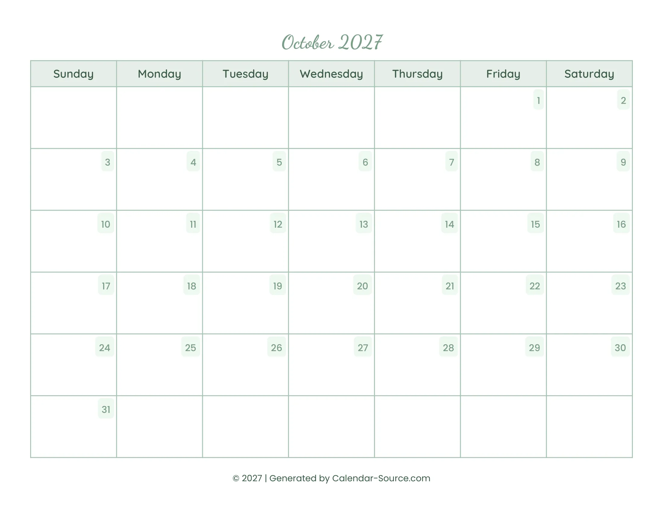 October 2027 Calendar Template 14