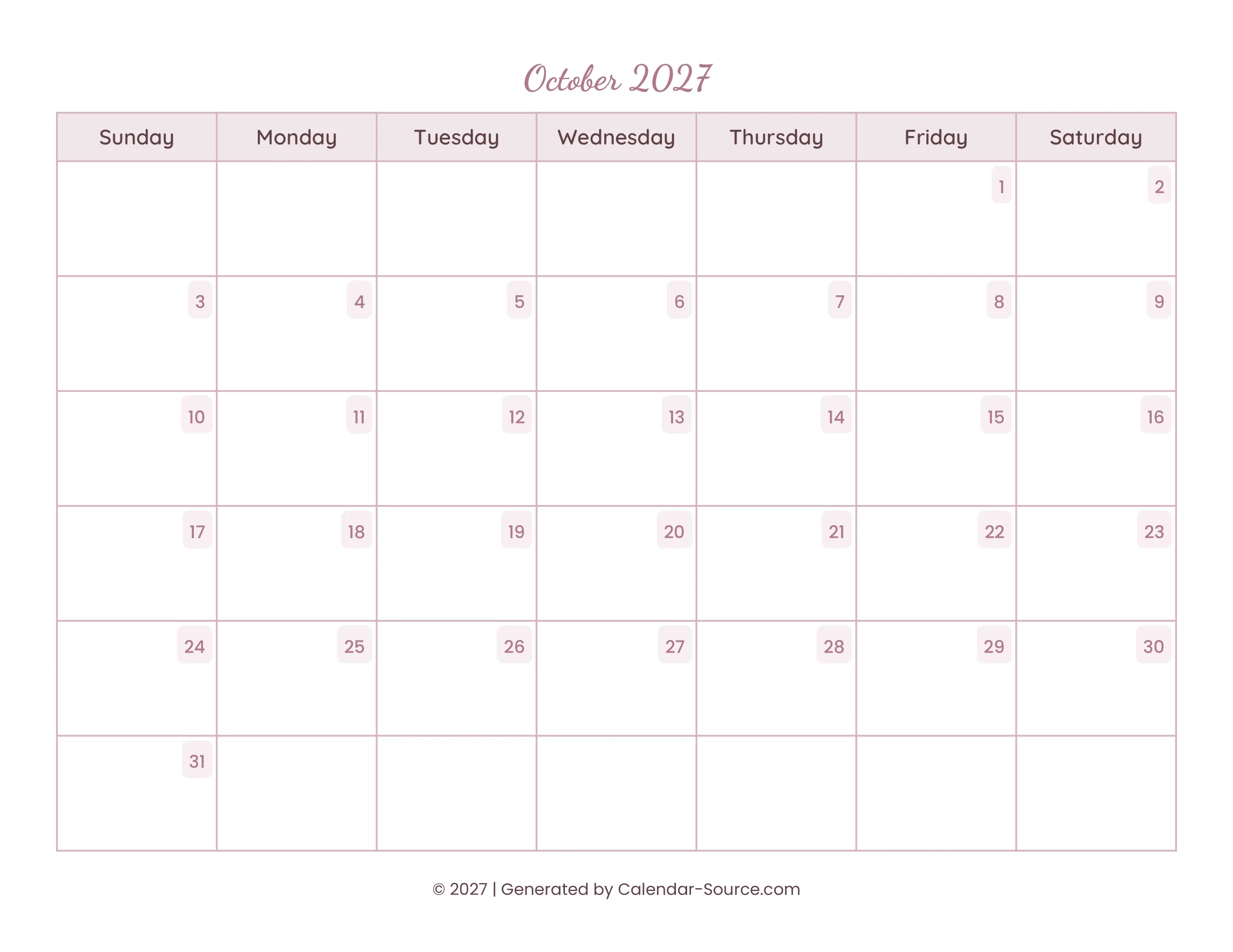 October 2027 Calendar Template 15
