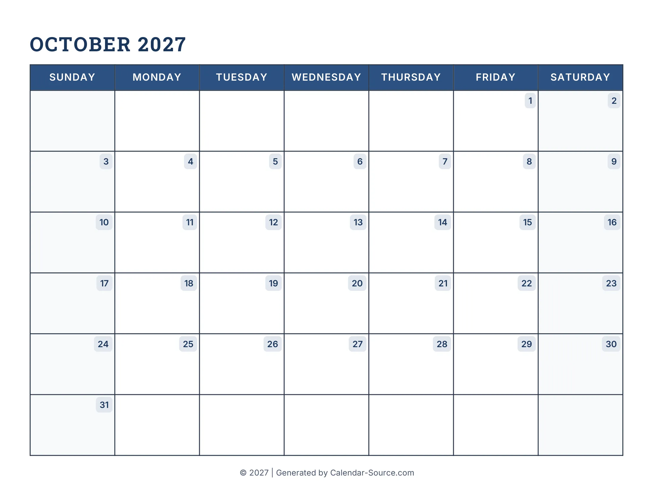 October 2027 Calendar Template 16