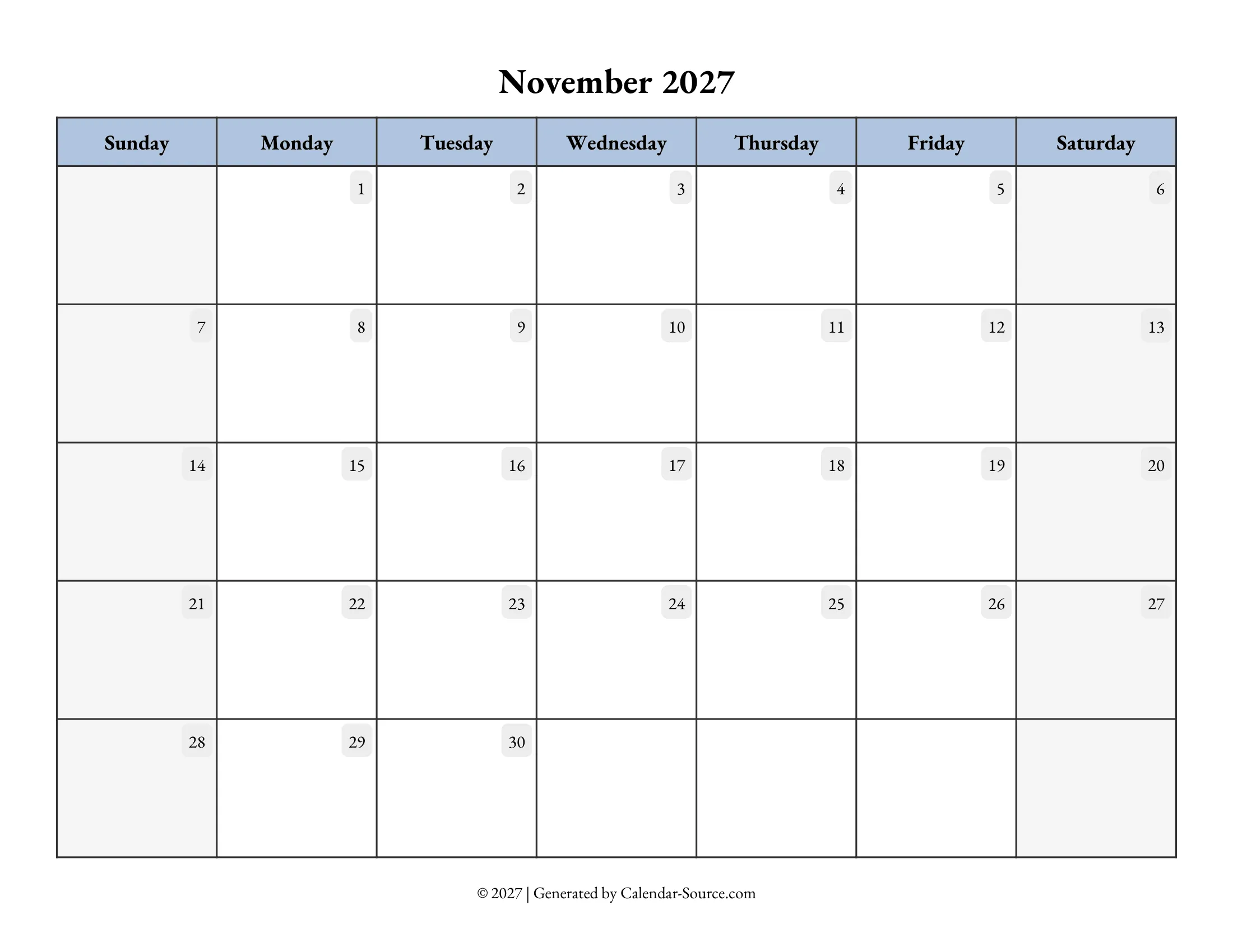 November 2027 Calendar Template 07