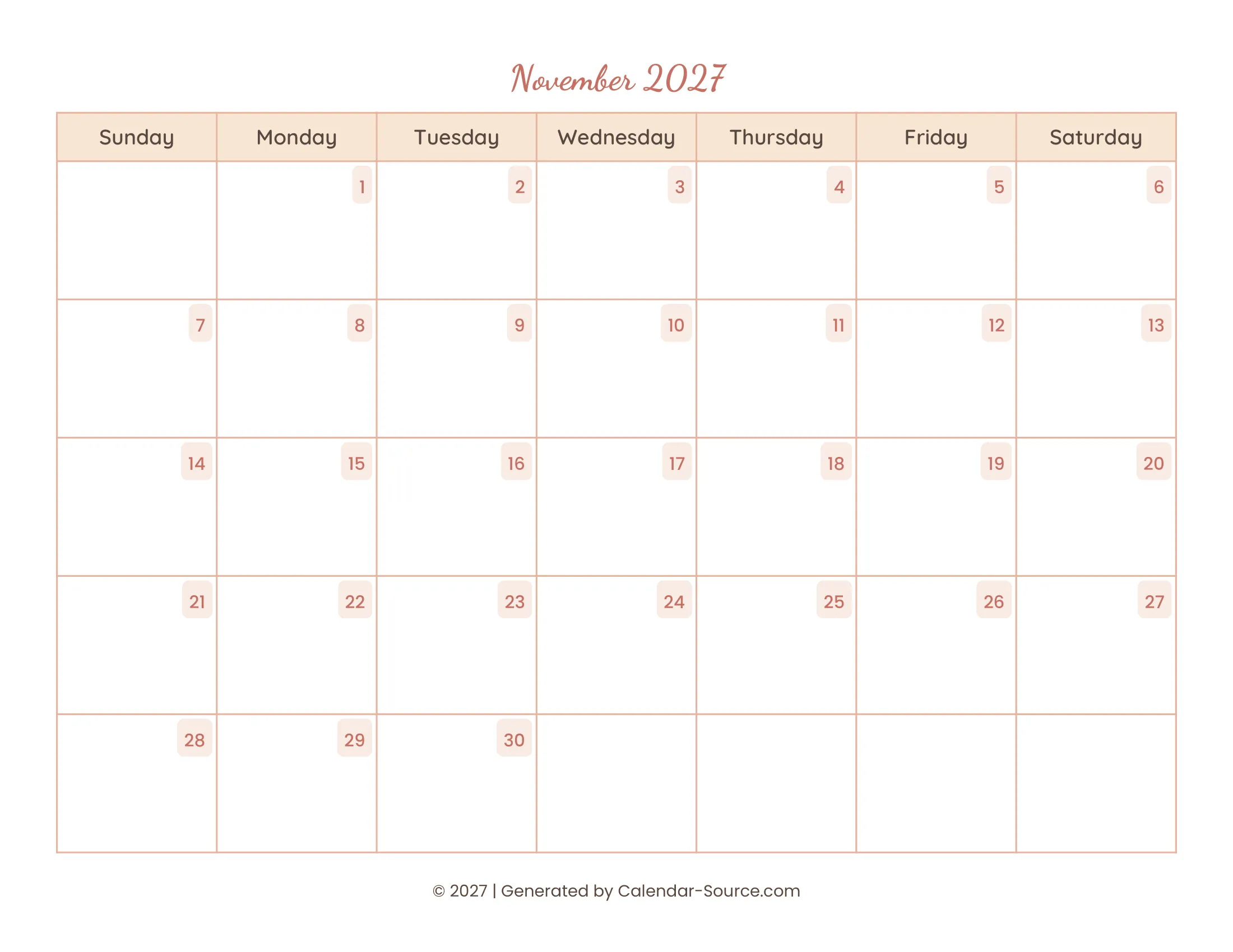 November 2027 Calendar Template 12