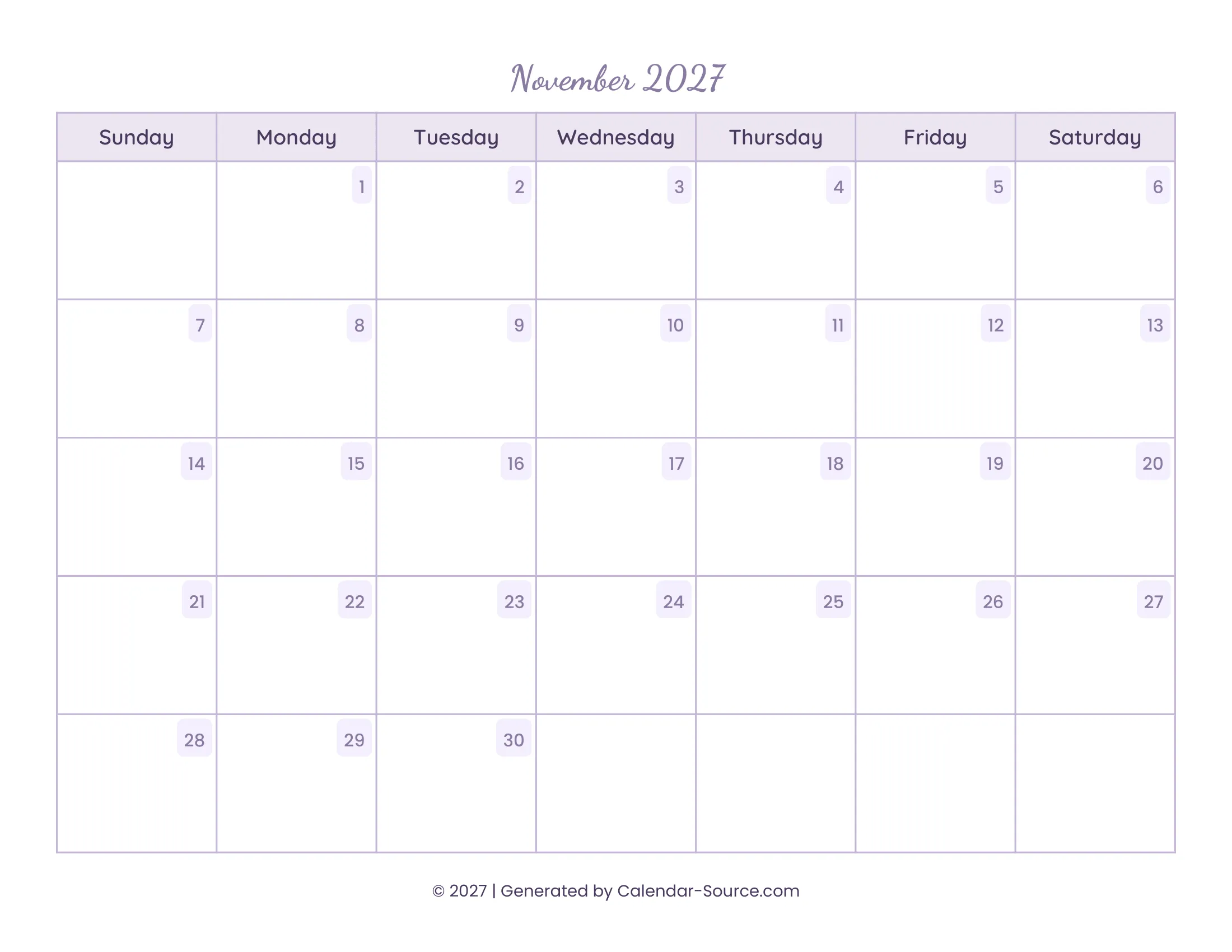 November 2027 Calendar Template 13