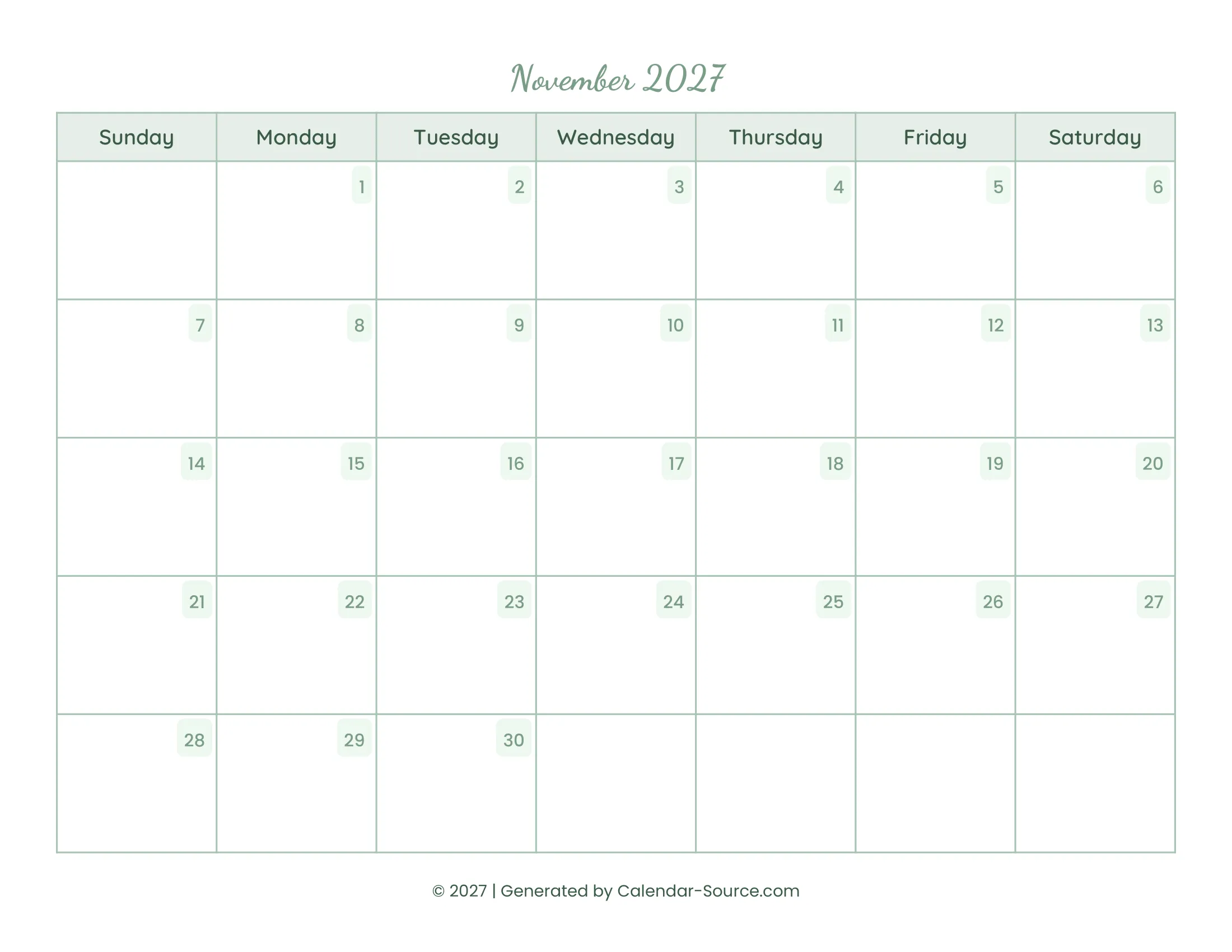 November 2027 Calendar Template 14