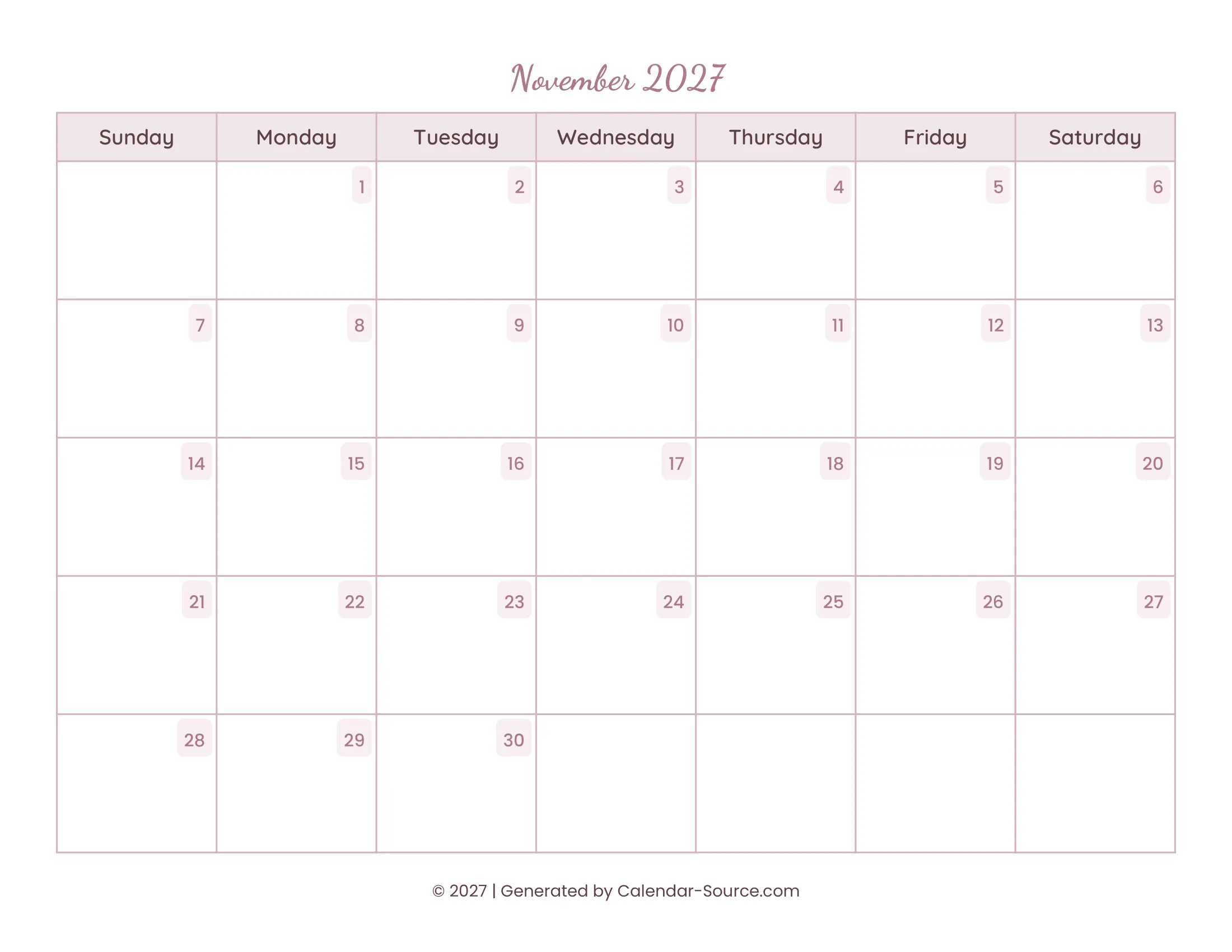 November 2027 Calendar Template 15