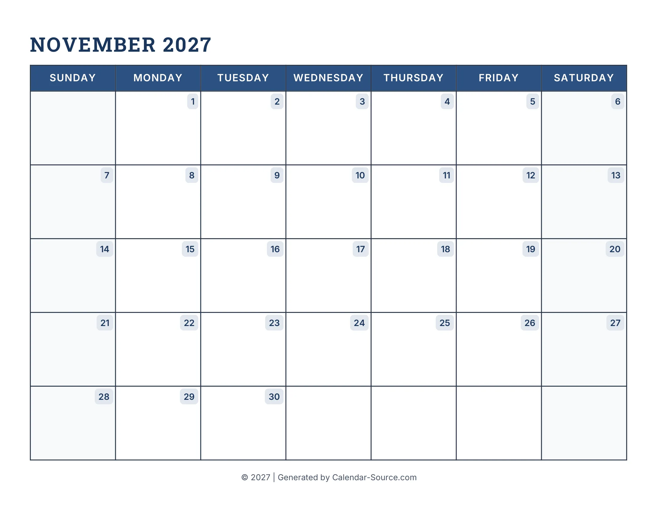 November 2027 Calendar Template 16