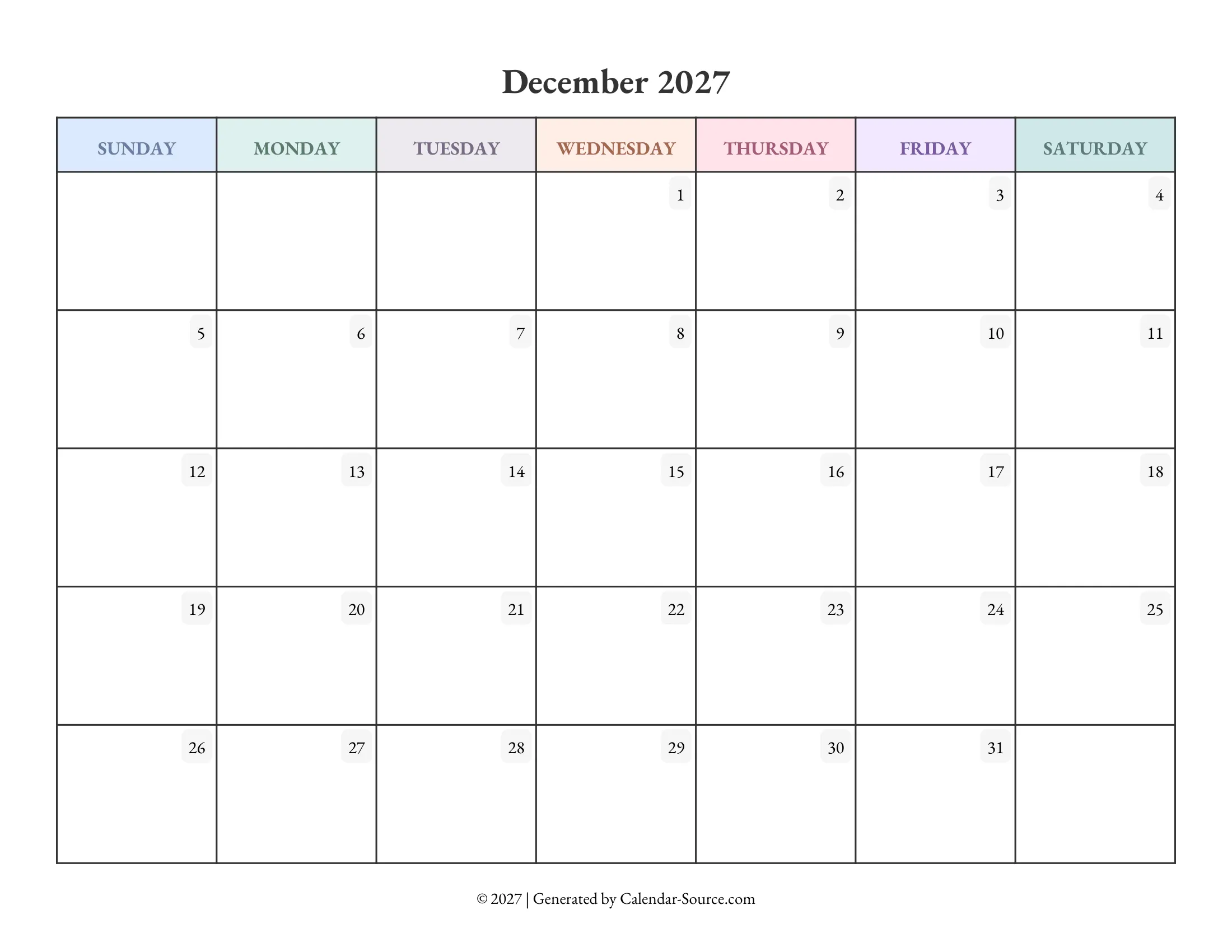 December 2027 Calendar Template 04
