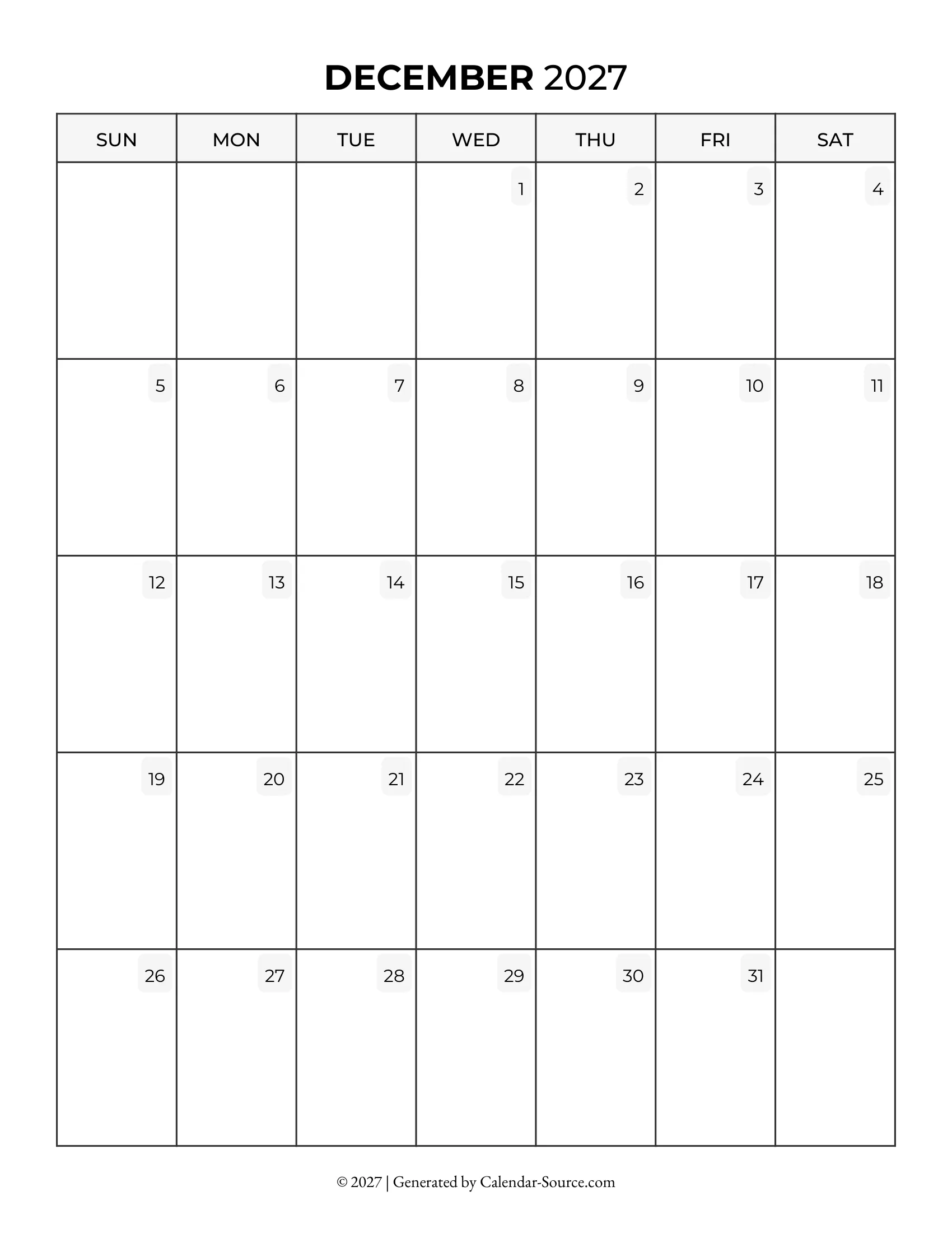 December 2027 Calendar Template 05